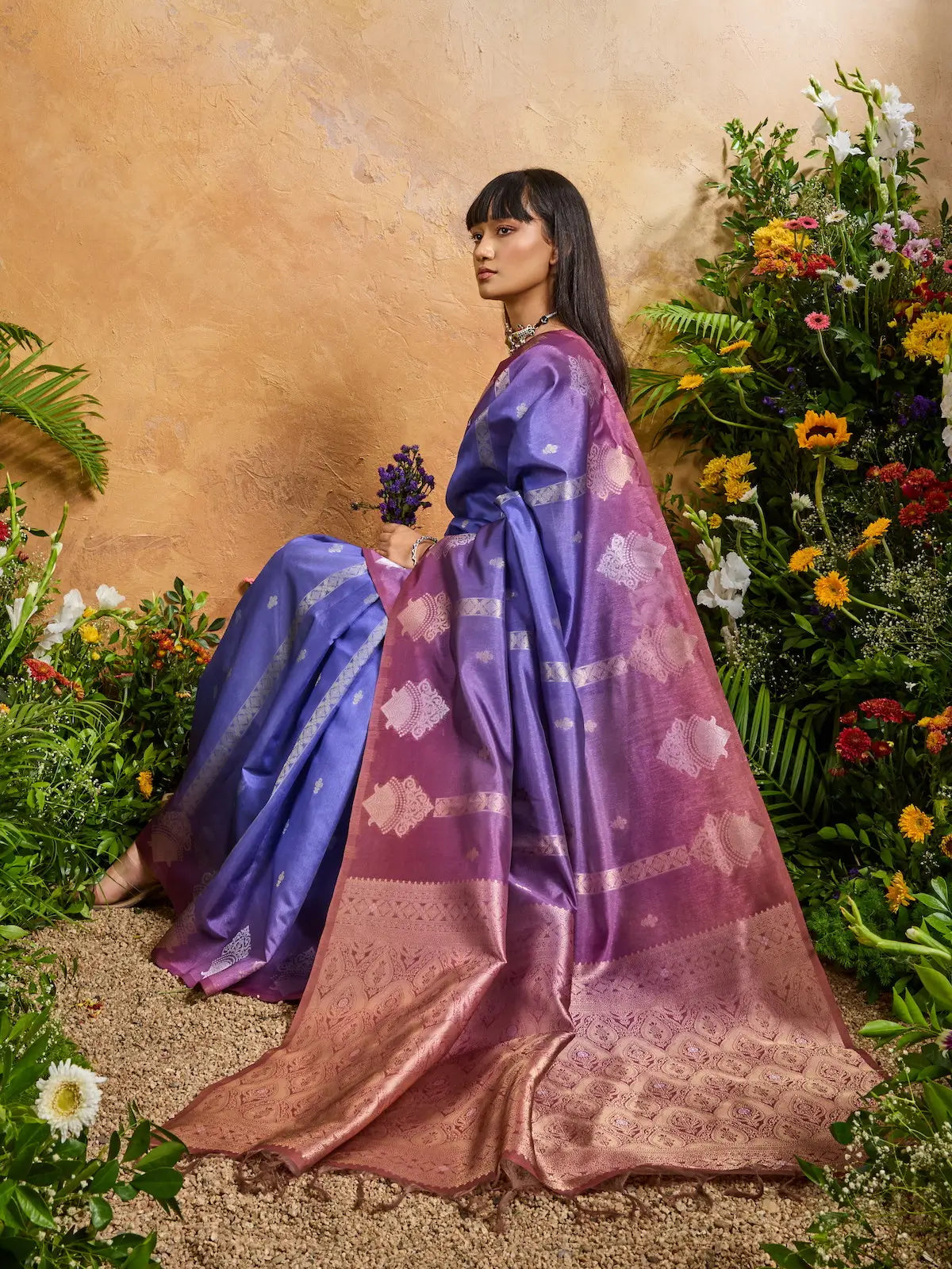 Slate Blue Handloom Weaving Silk Saree