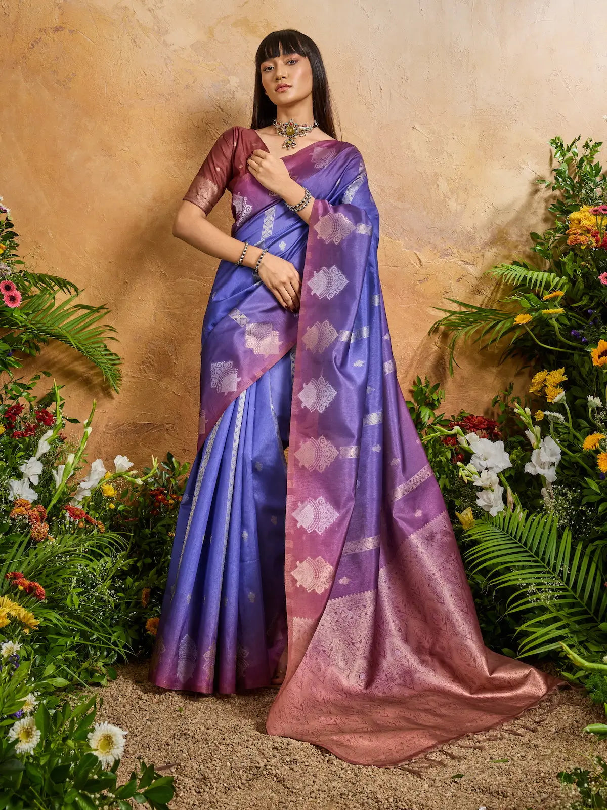 Slate Blue Handloom Weaving Silk Saree