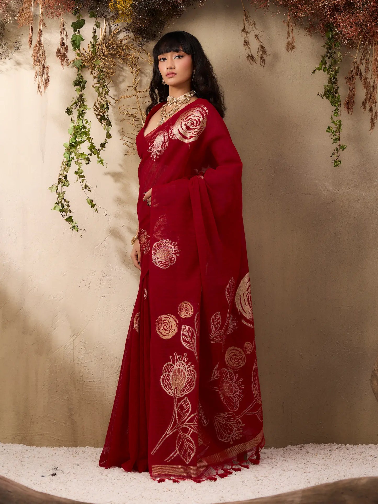 Crimson Red Zari Weaving Silk Saree