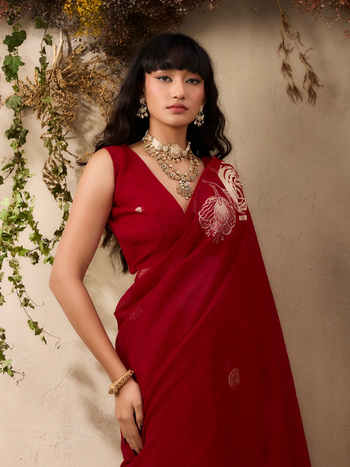 Crimson Red Zari Weaving Silk Saree