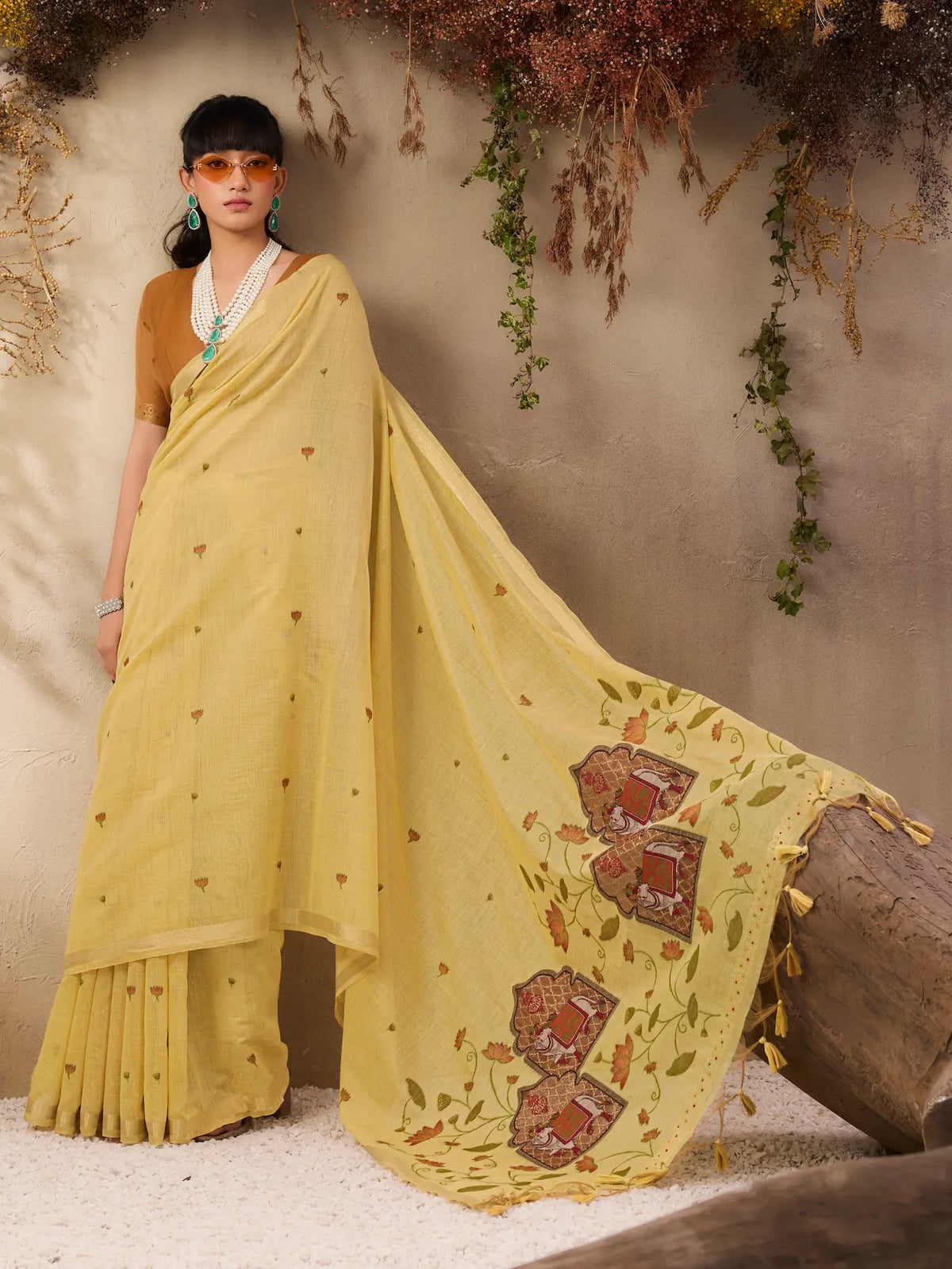 Light Mustard Cotton Weaving Saree