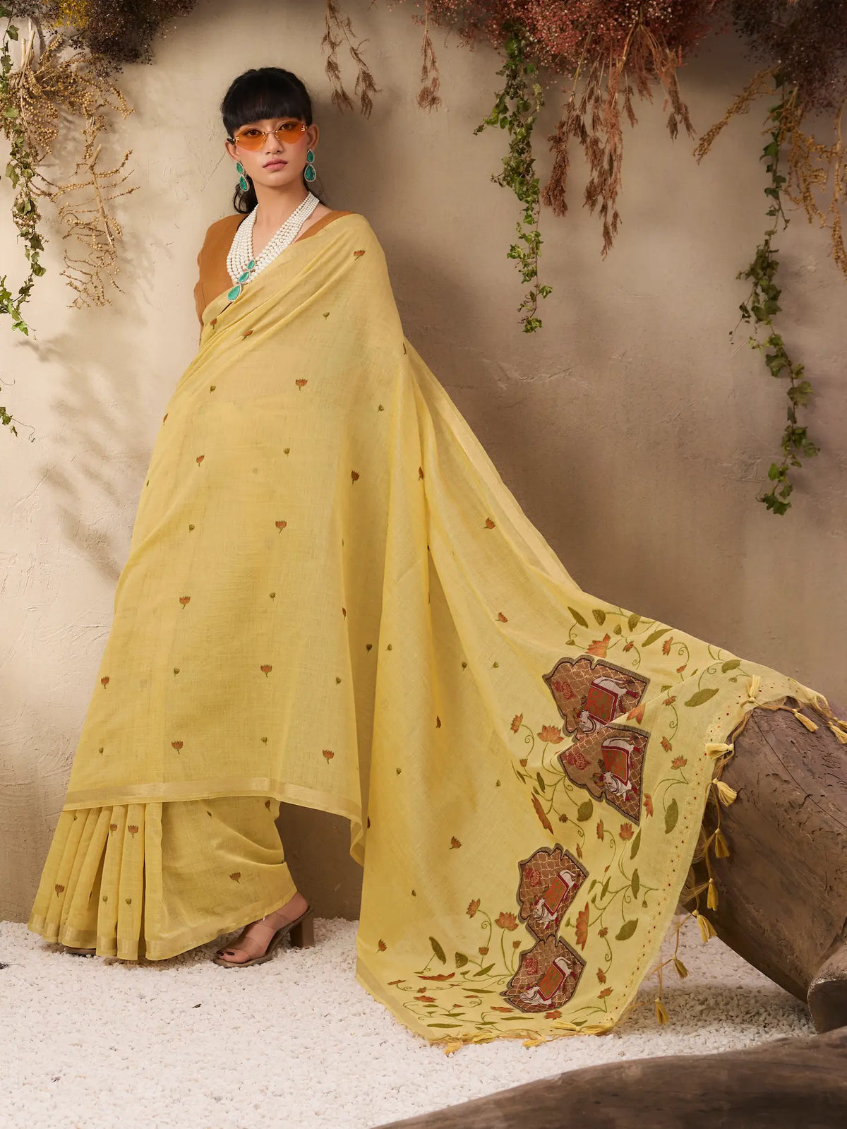 Light Mustard Cotton Weaving Saree