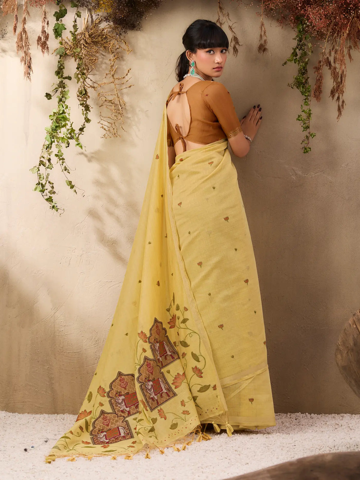 Light Mustard Cotton Weaving Saree