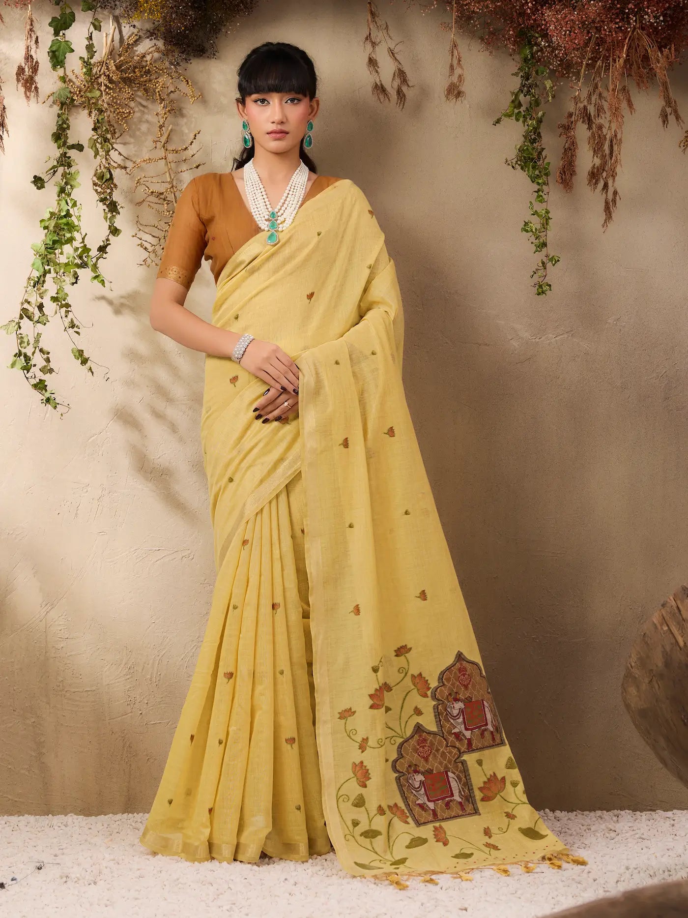 Light Mustard Cotton Weaving Saree