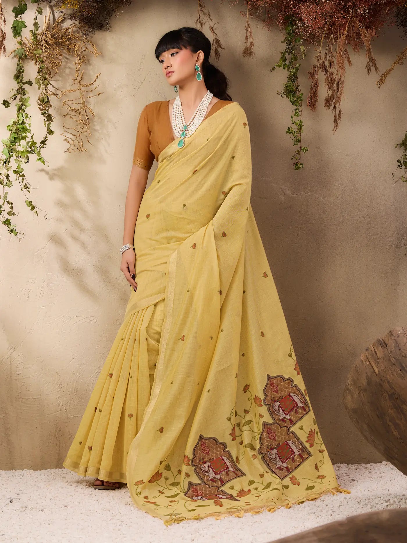 Light Mustard Cotton Weaving Saree