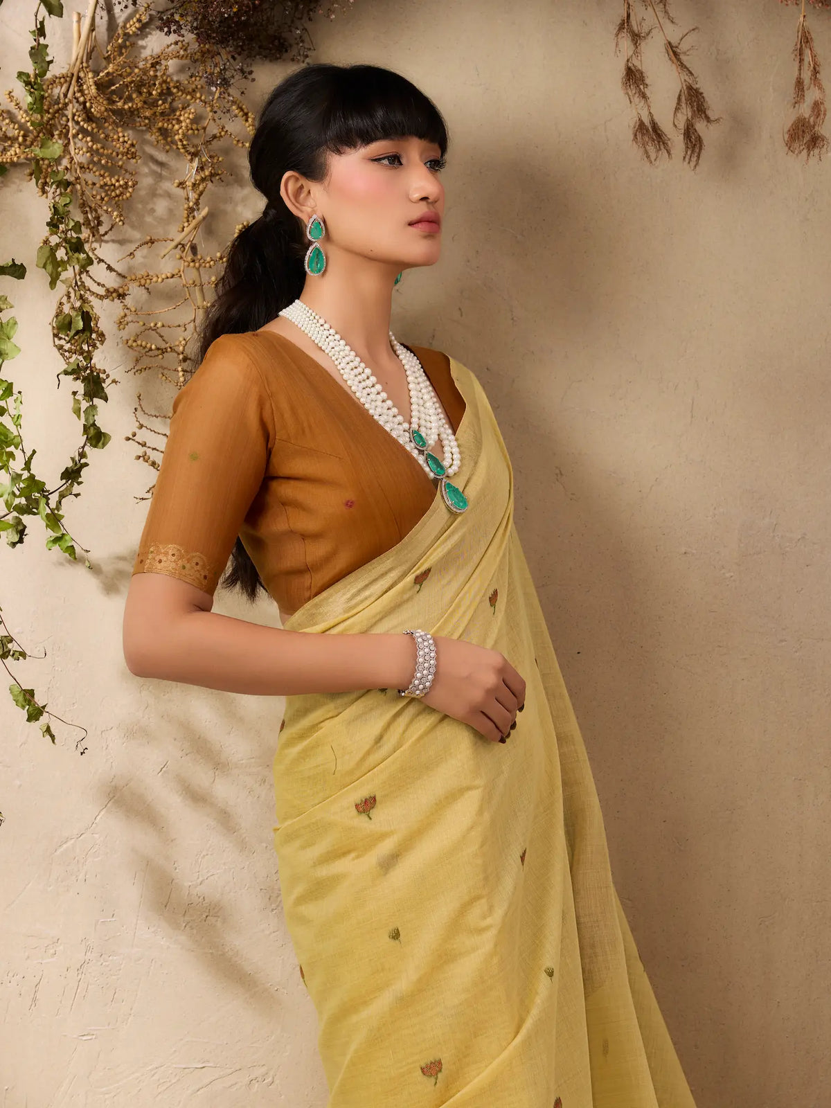 Light Mustard Cotton Weaving Saree