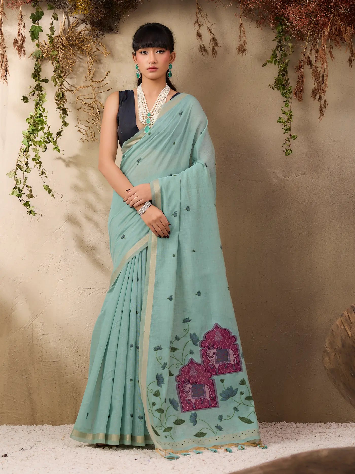 Sky Blue Cotton Weaving Saree