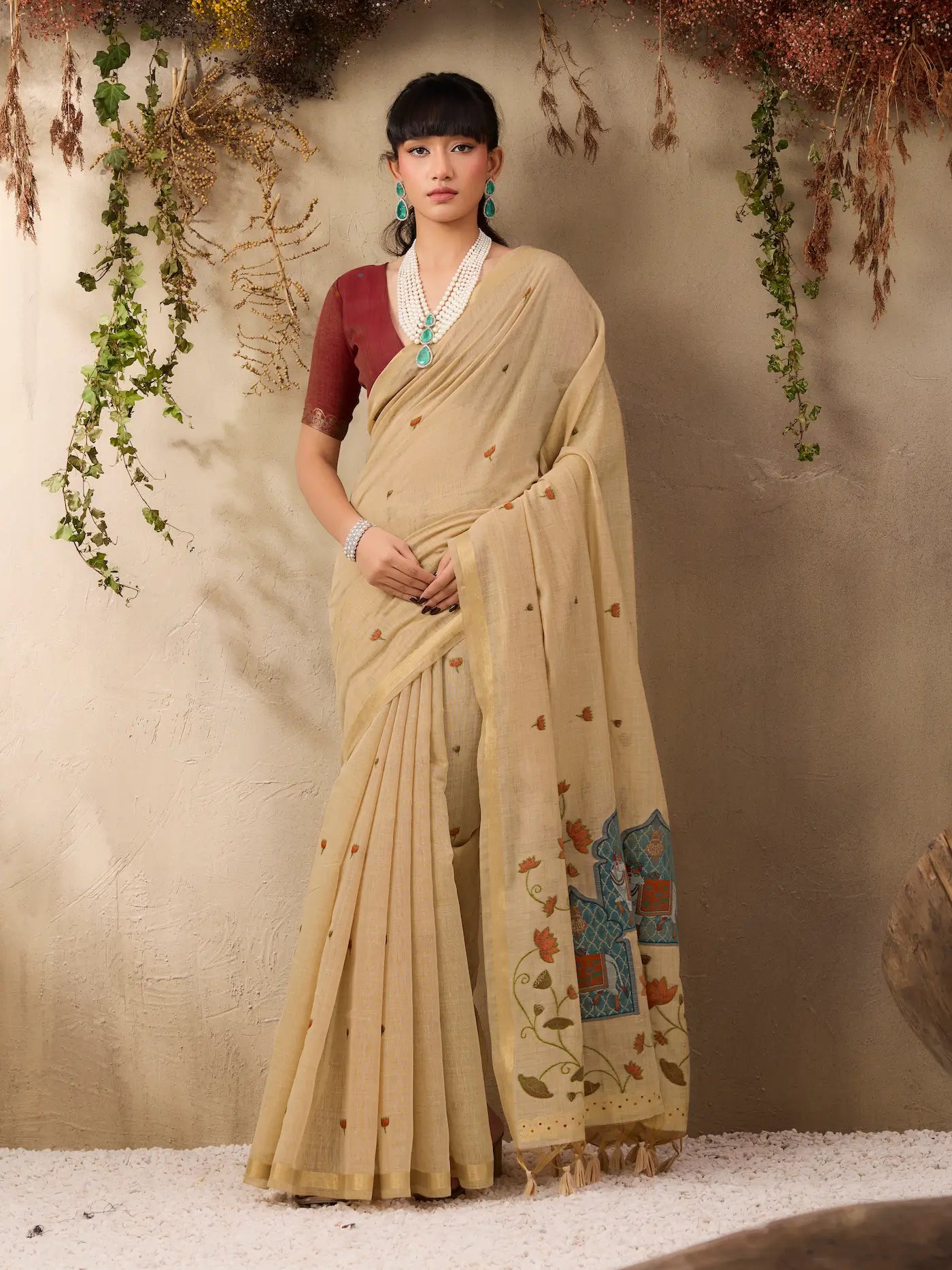 Tan Beige Cotton Weaving Saree