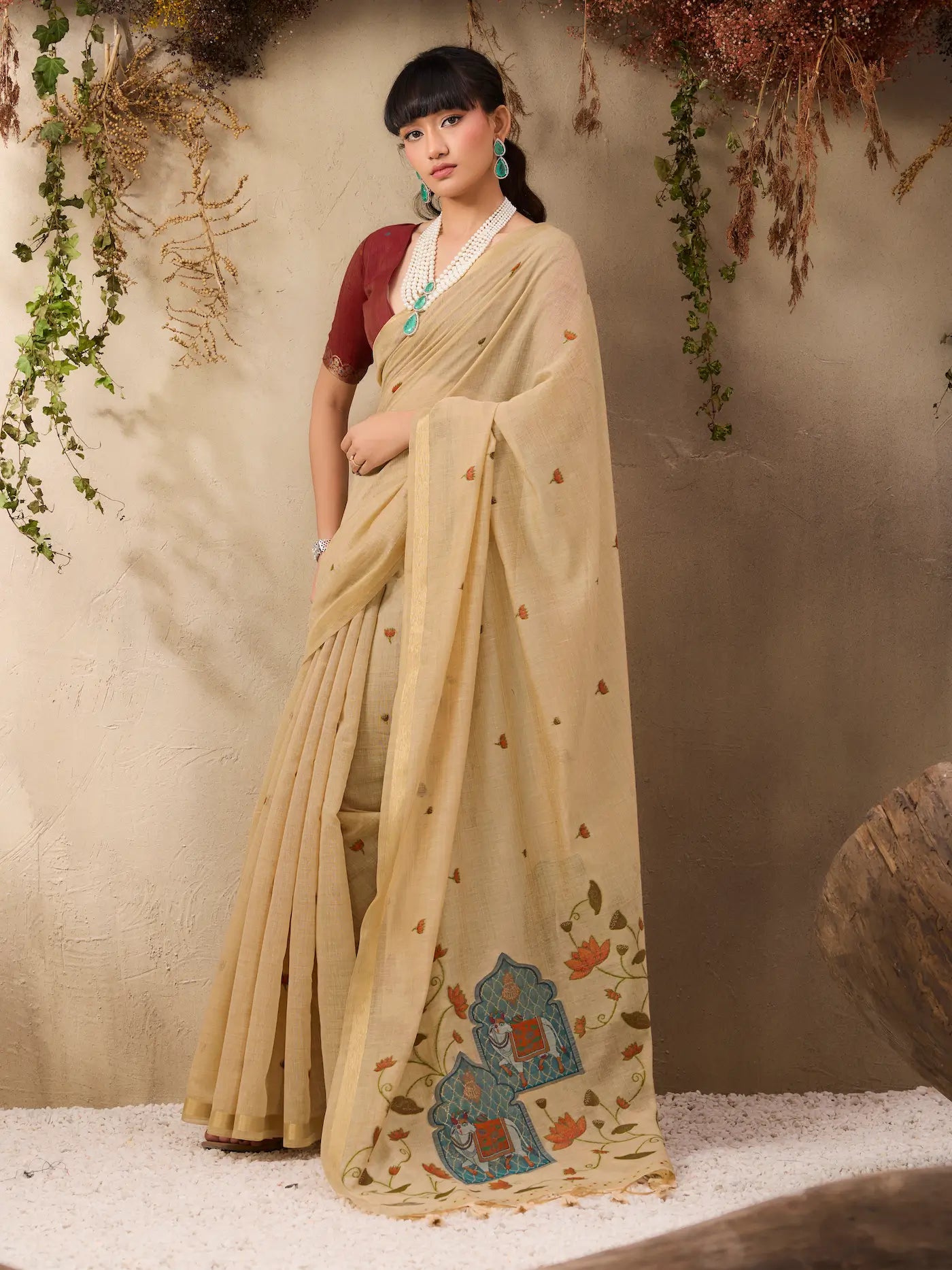 Tan Beige Cotton Weaving Saree
