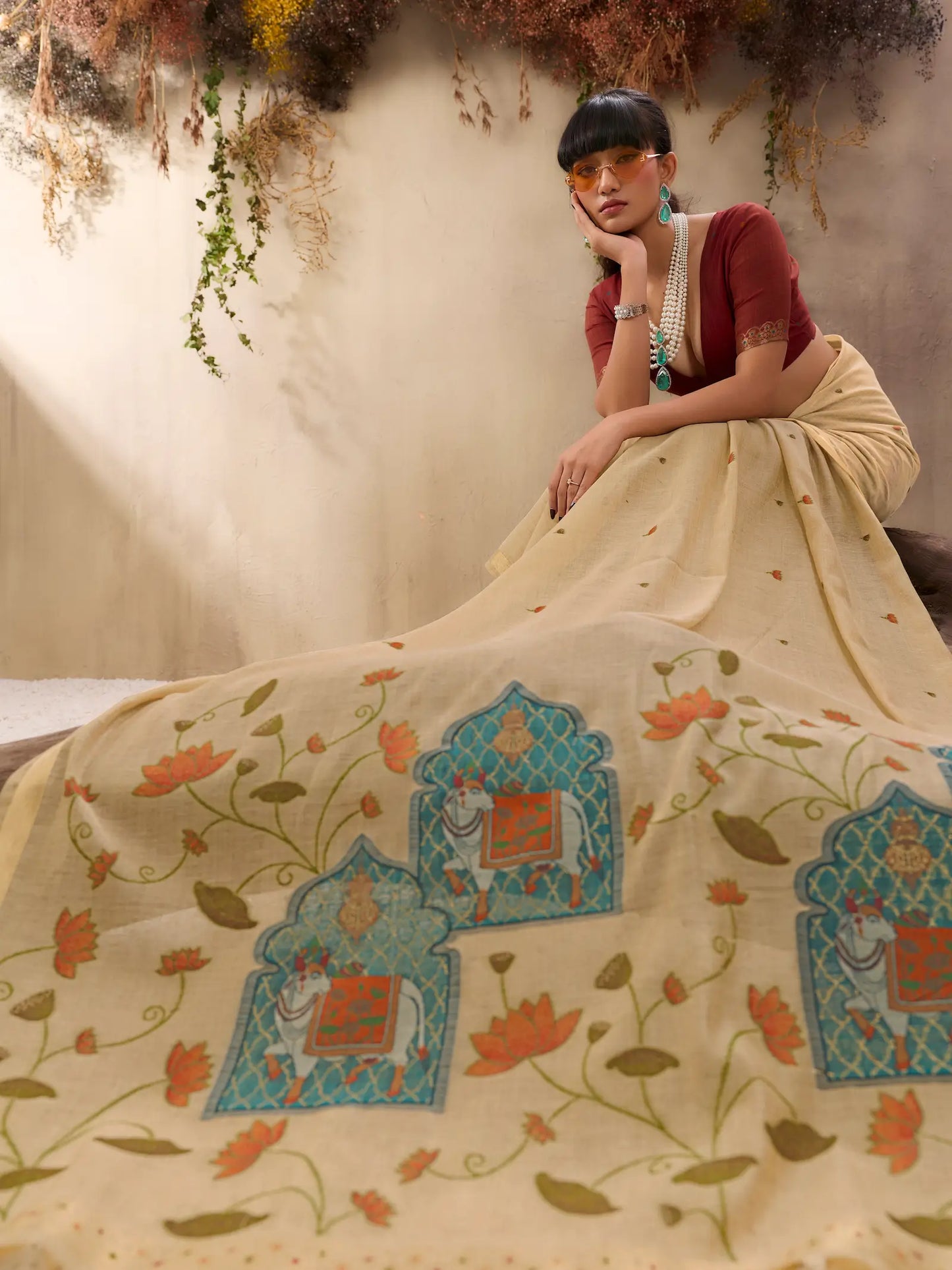 Tan Beige Cotton Weaving Saree