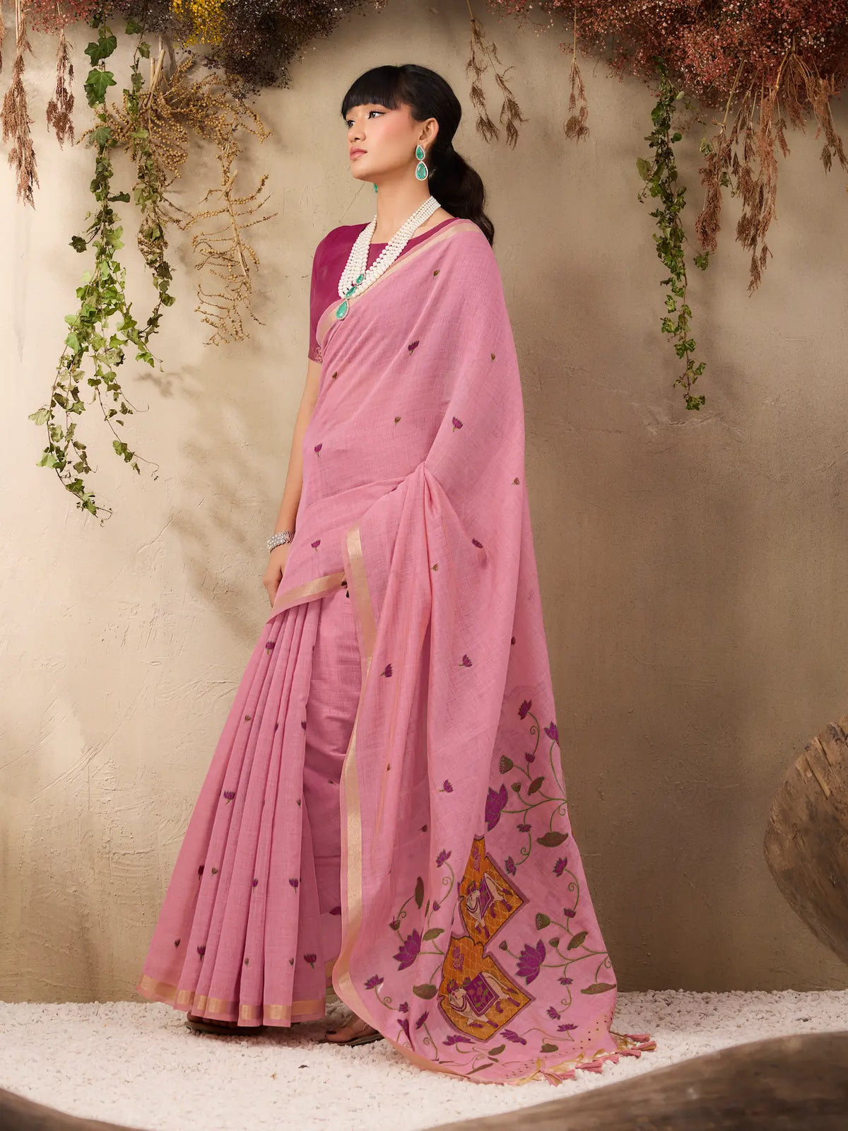 Dusty Pink Cotton Weaving Saree