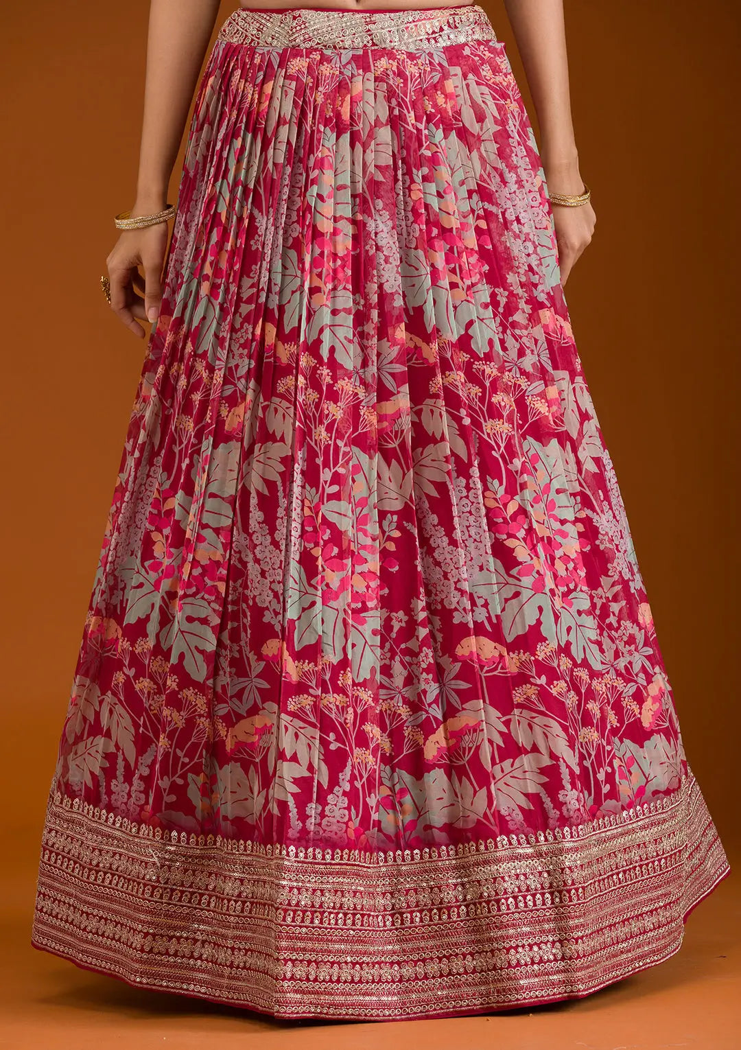 Peach Pink Organza Print With Embroidery Lehenga
