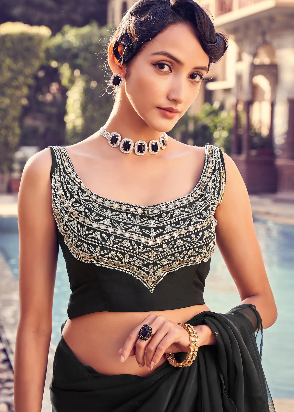 Hot Black Organza Ruffle Saree With Embroidered Blouse