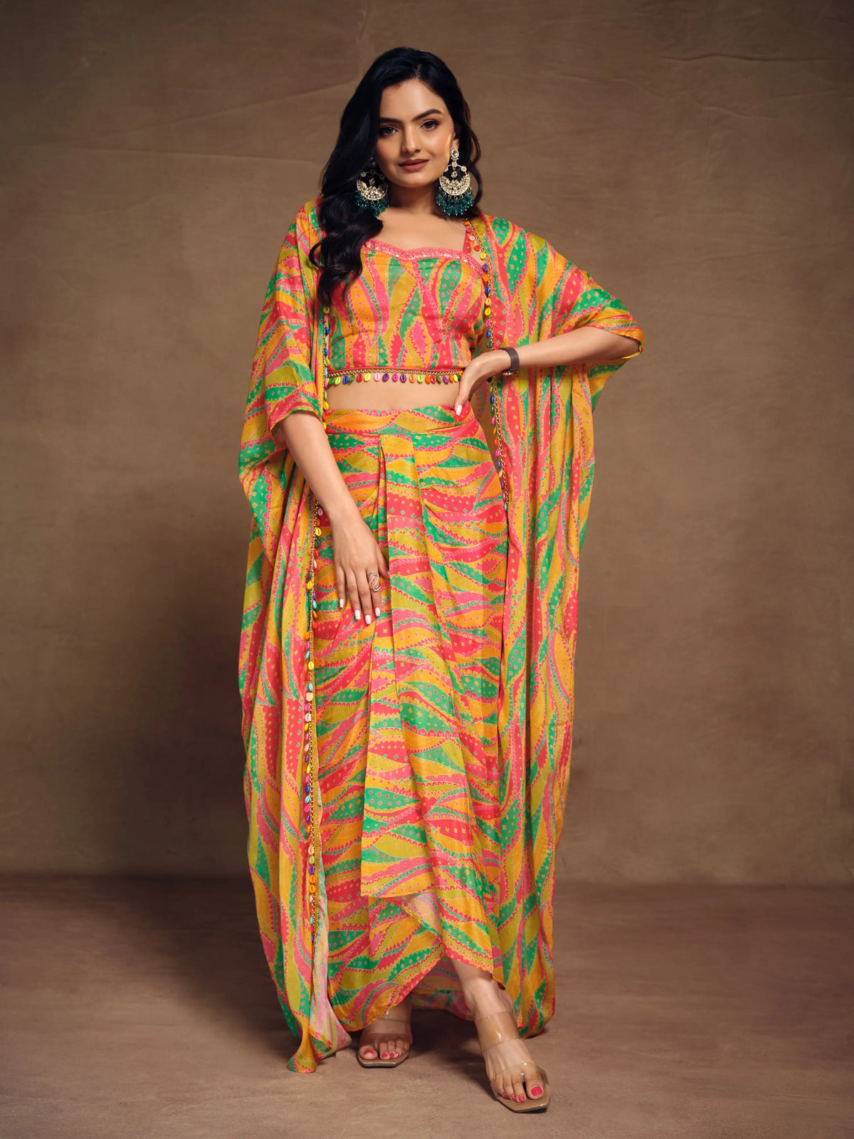 Yellow And Green Printed With Artificial Tassels Chinon Silk Co-ord Set