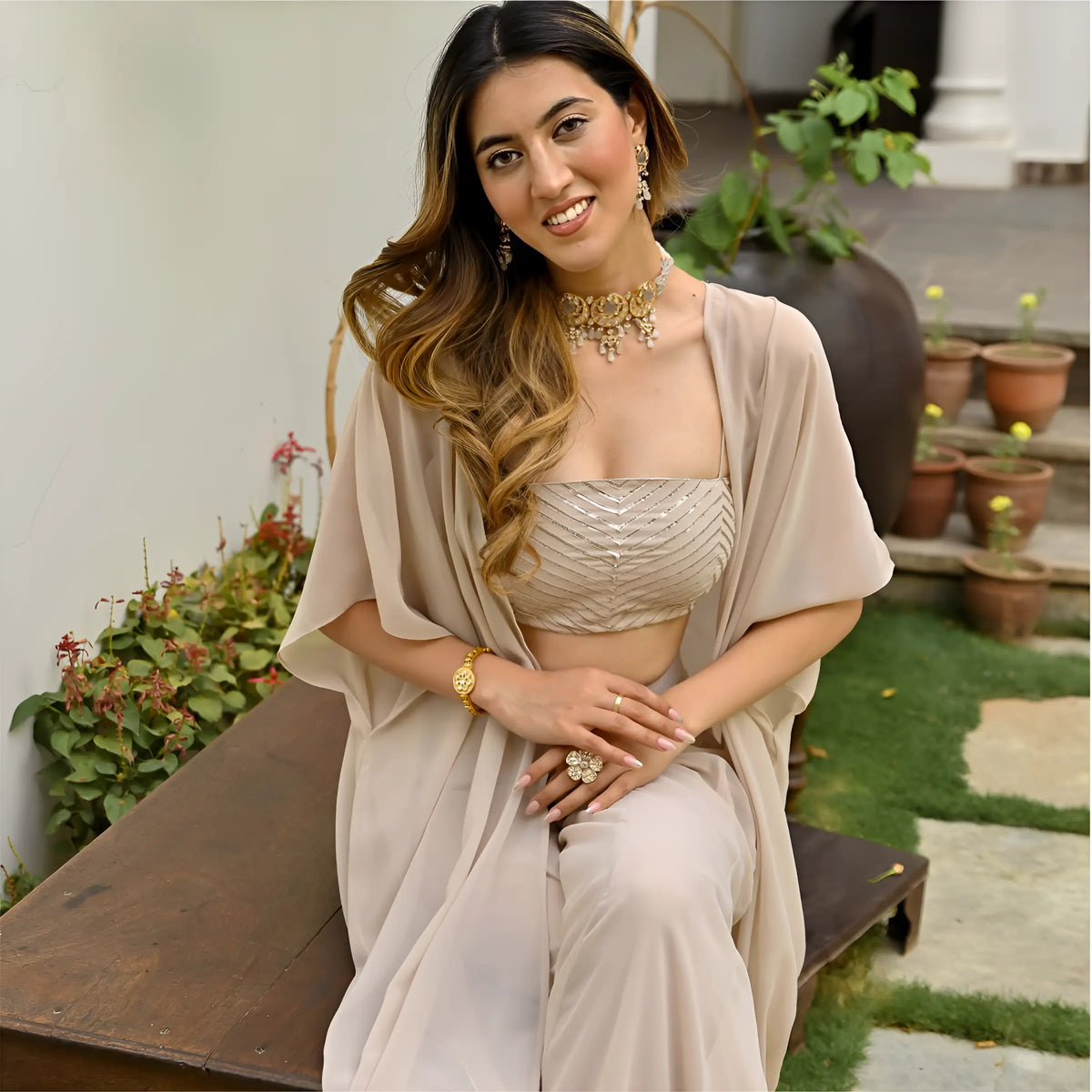 Beige Georgette Stylish Indo Western Co-Ord Set With Long Shrug