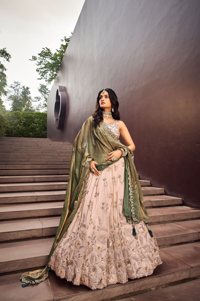 Off White Viscose Lehenga Choli With Motifs & Rich Embroidery