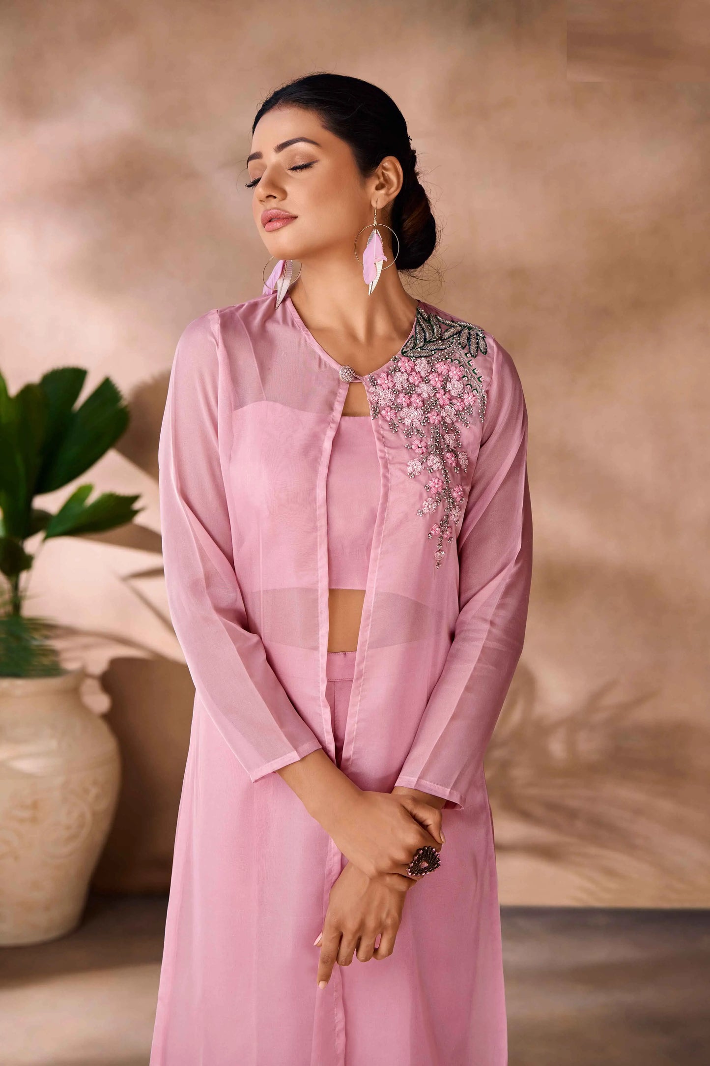 Baby Pink Hand Work Stylish Organza Indo-Western With Long Shrug