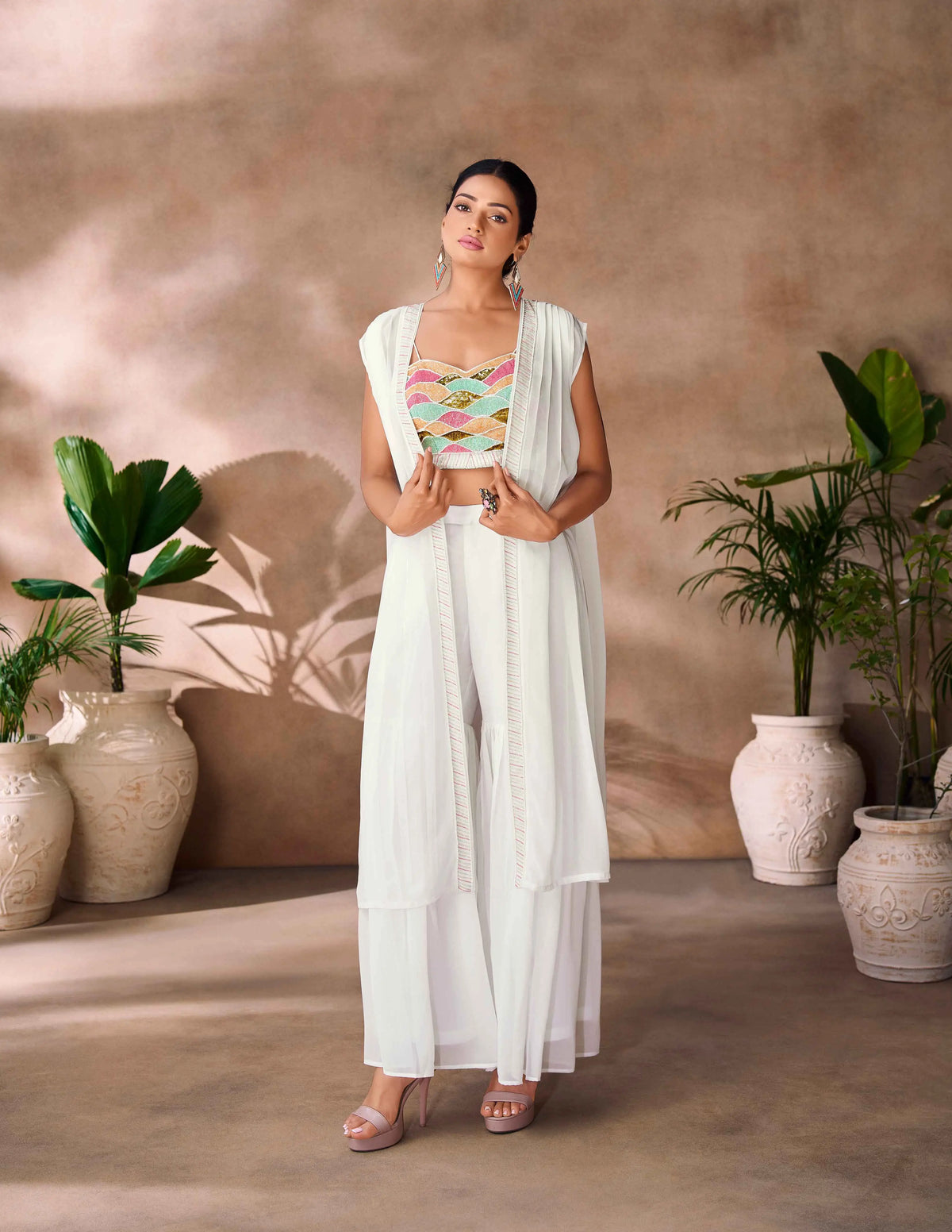 Wonderful White Indo Western Hand Work Blouse With Sharara And Cap