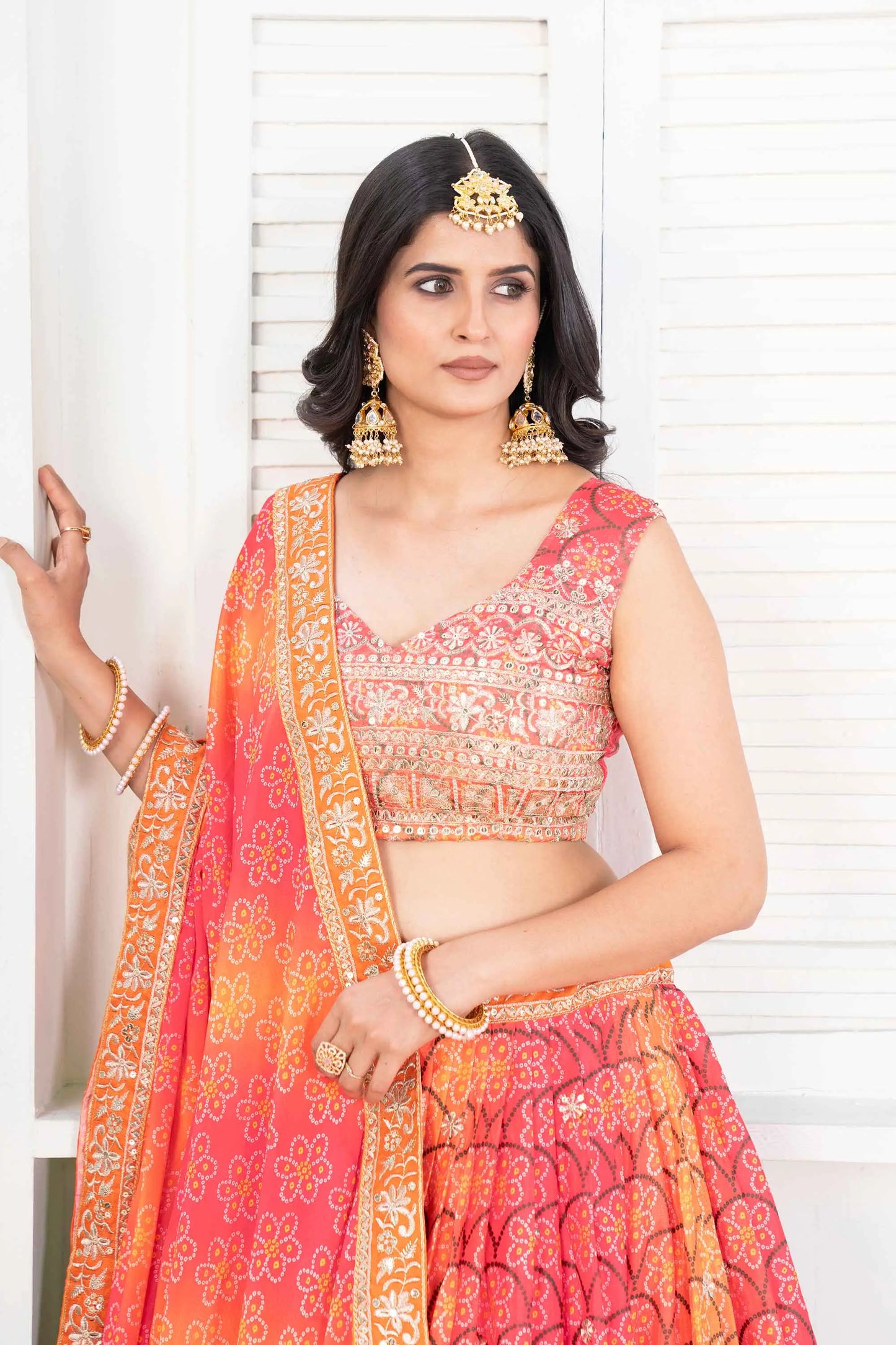 Multi Color Chinon Digital Print Lehenga With Thread Sequins Embroidery Work