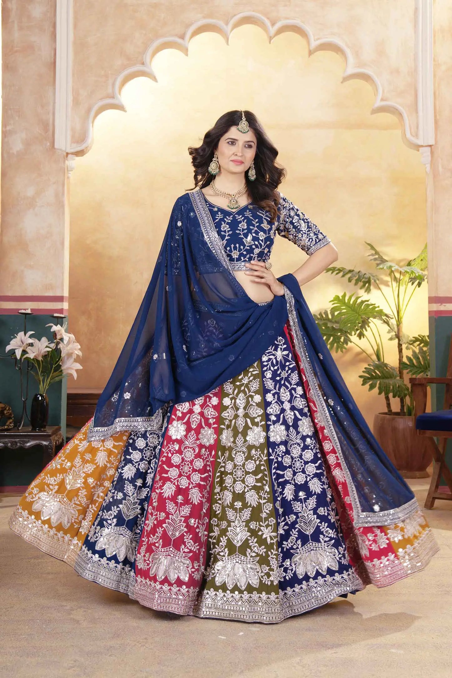 Multi Color Sequins Zari Embroidery Work  Georgette Lehenga With Dupatta