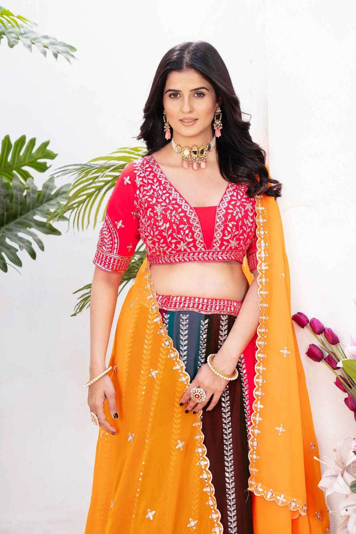 Multi Color Georgette Lehenga With Sequins Embroidery Work And Dupatta