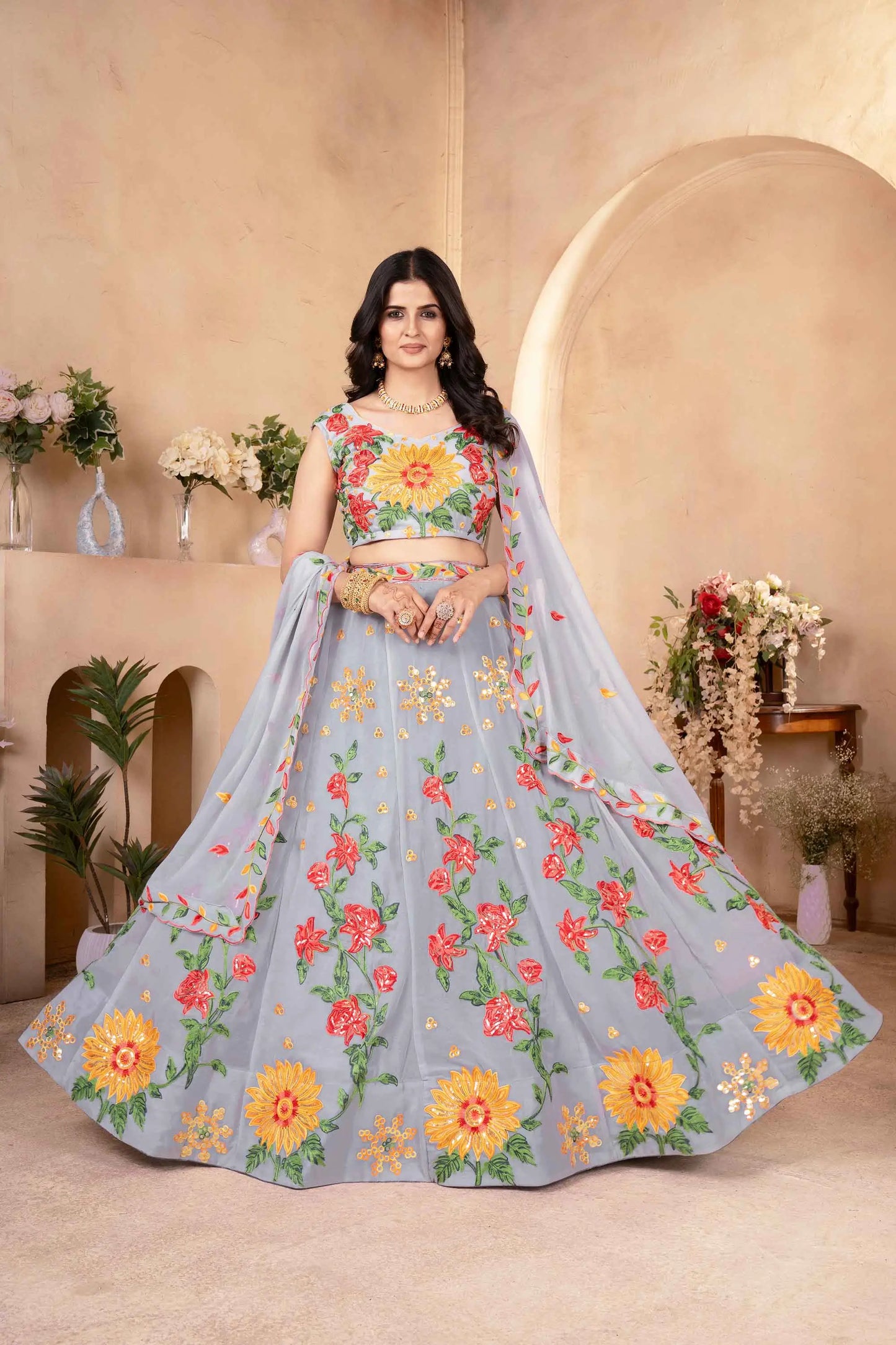 Silver Grey Multi Thread Sequins Embroidery Work Georgette Lehenga