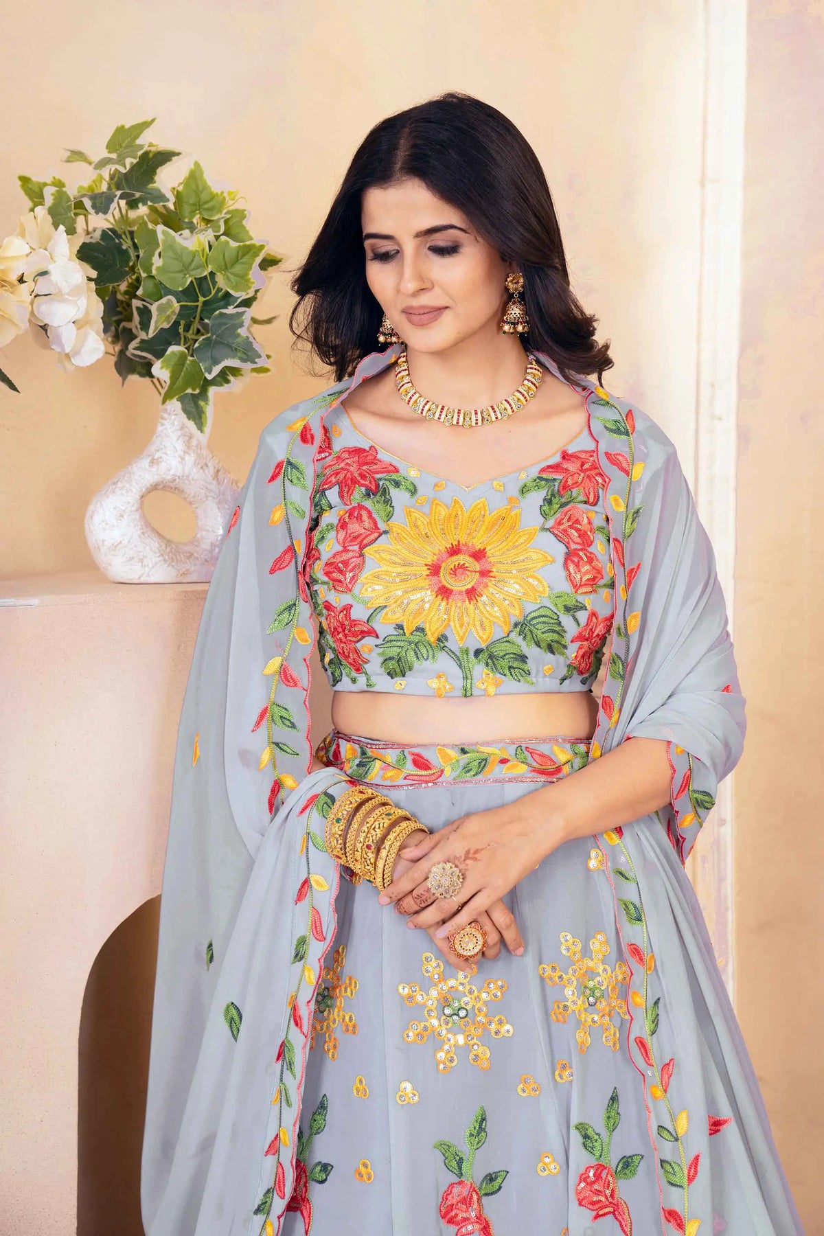 Silver Grey Multi Thread Sequins Embroidery Work Georgette Lehenga