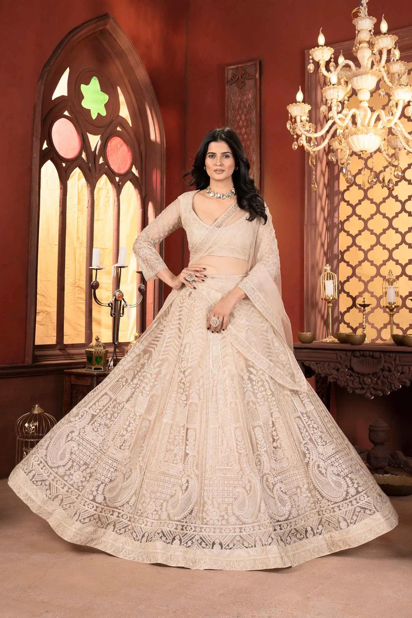 Beige Shining Thread  Embroidery Design Net Lehenga Choli
