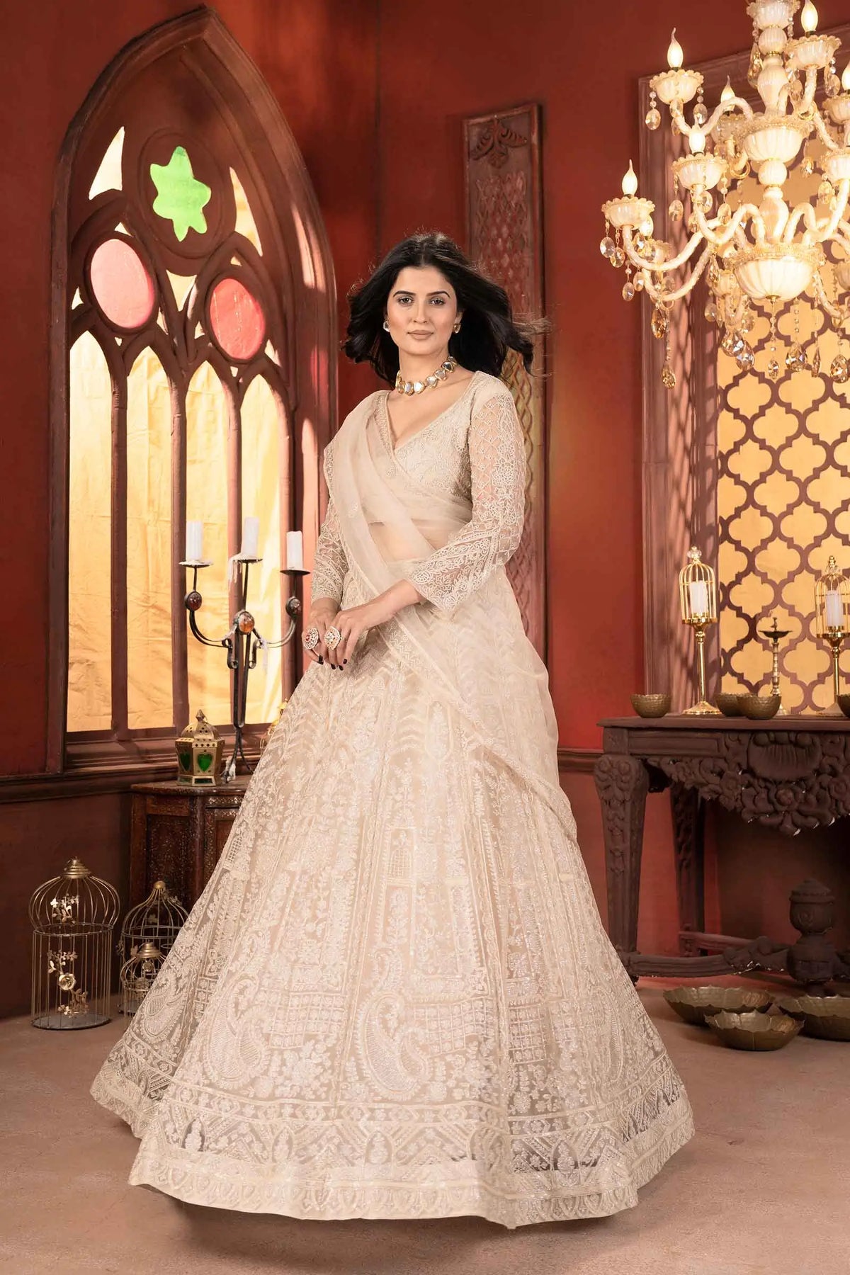 Beige Shining Thread  Embroidery Design Net Lehenga Choli