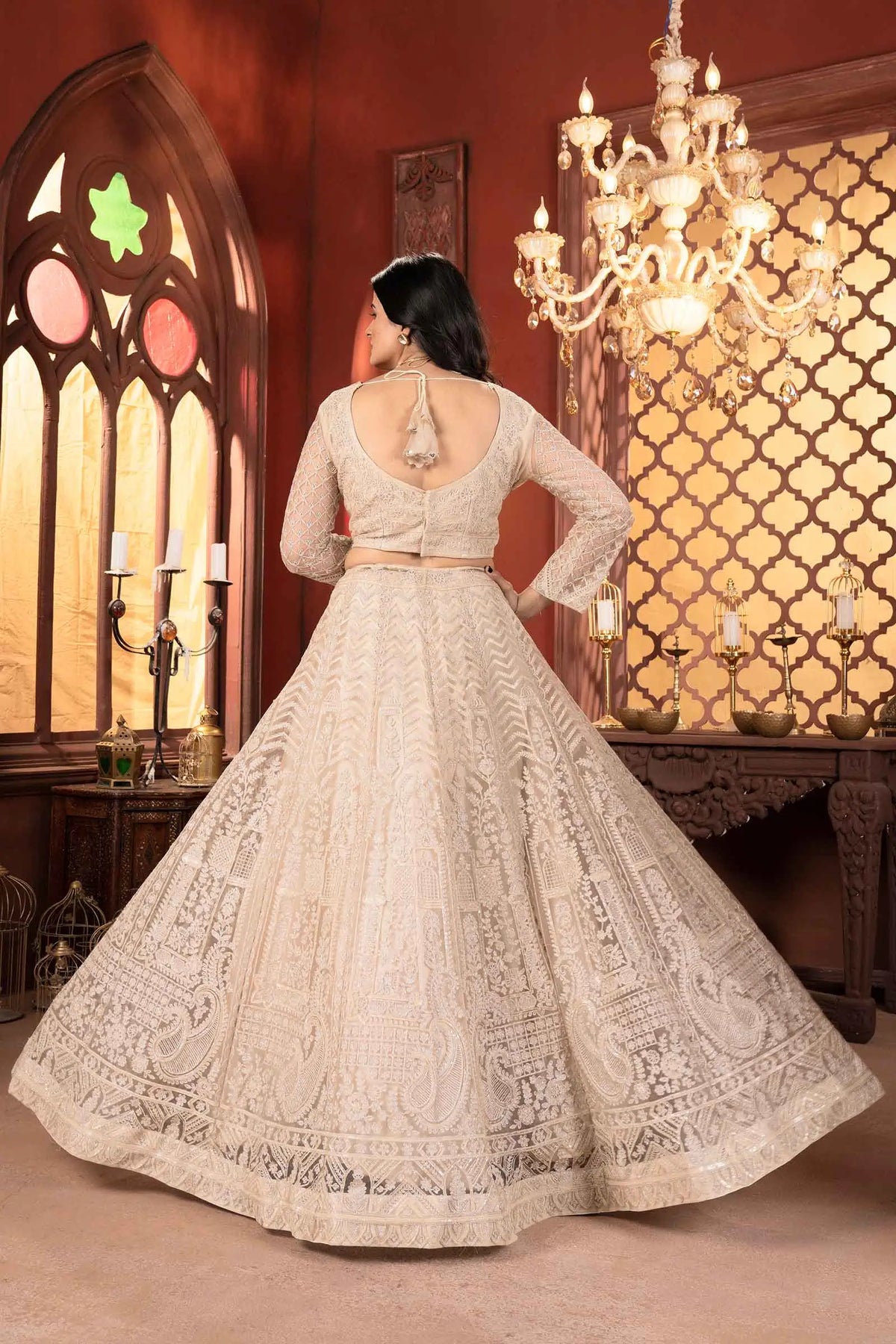 Beige Shining Thread  Embroidery Design Net Lehenga Choli