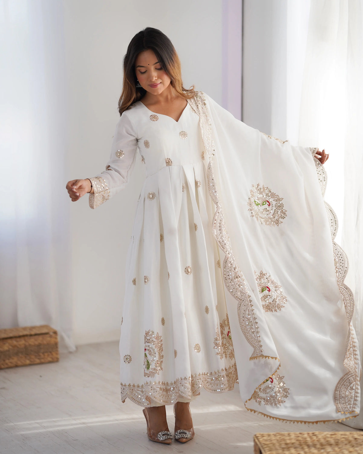 White Embroidery Design Work Gown With Dupatta