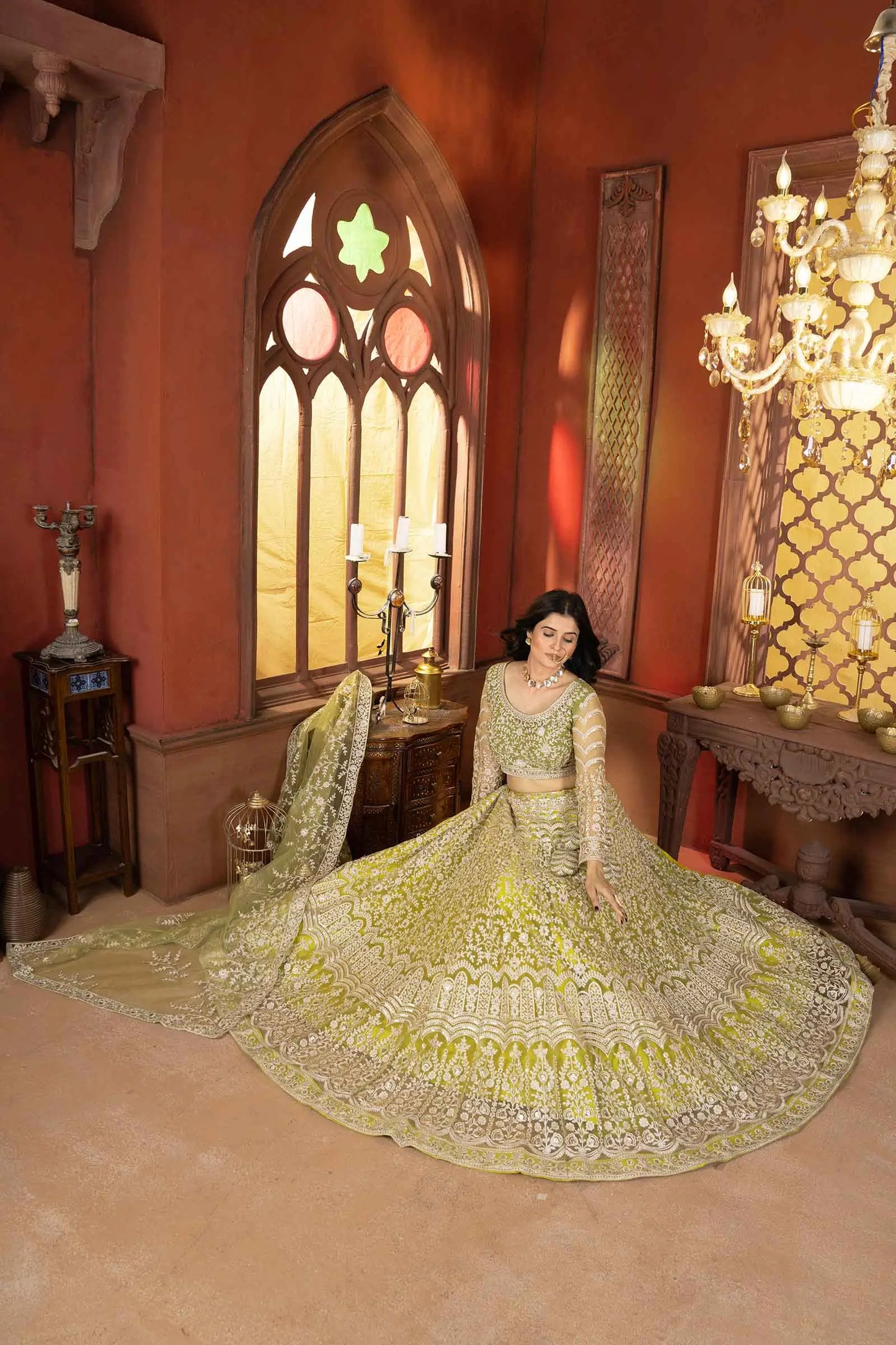 Light Olive Green Shining Thread  Embroidery Design Net Lehenga Choli
