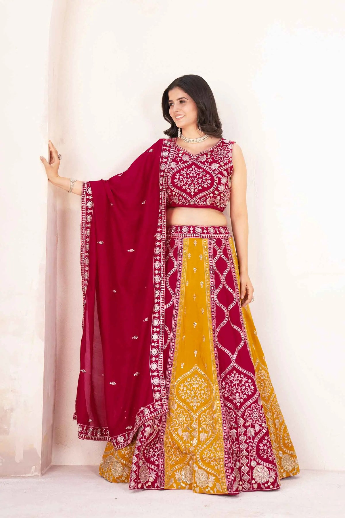 Red And Yellow Embroidery Sequins Design Work Lehenga Set