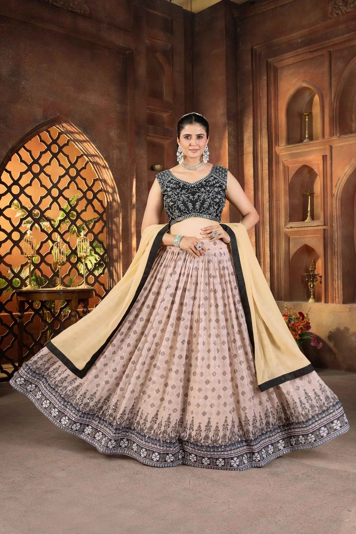 Black And Light Pink Digital Print With Embroidery Work Lehenga Choli