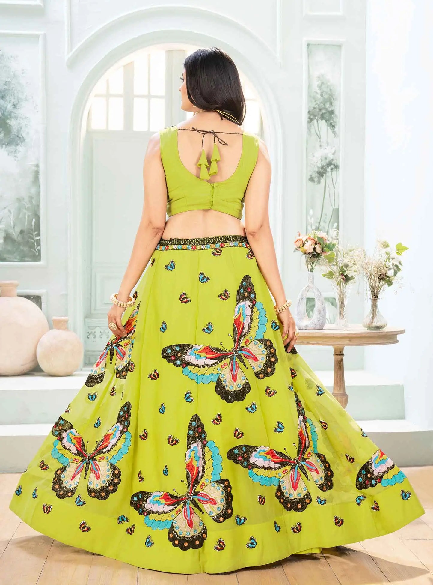 Neon Georgette Multi Thread Sequins Embroidery Work Lehenga Choli