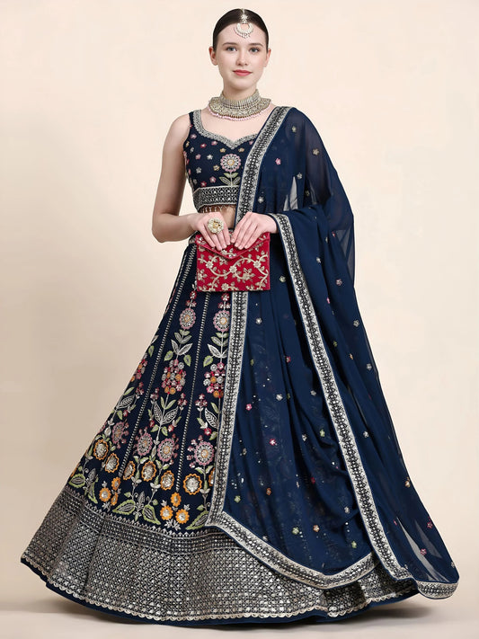 Navy Blue Floral Embroidery Georgette Reception Wear Lehenga Choli