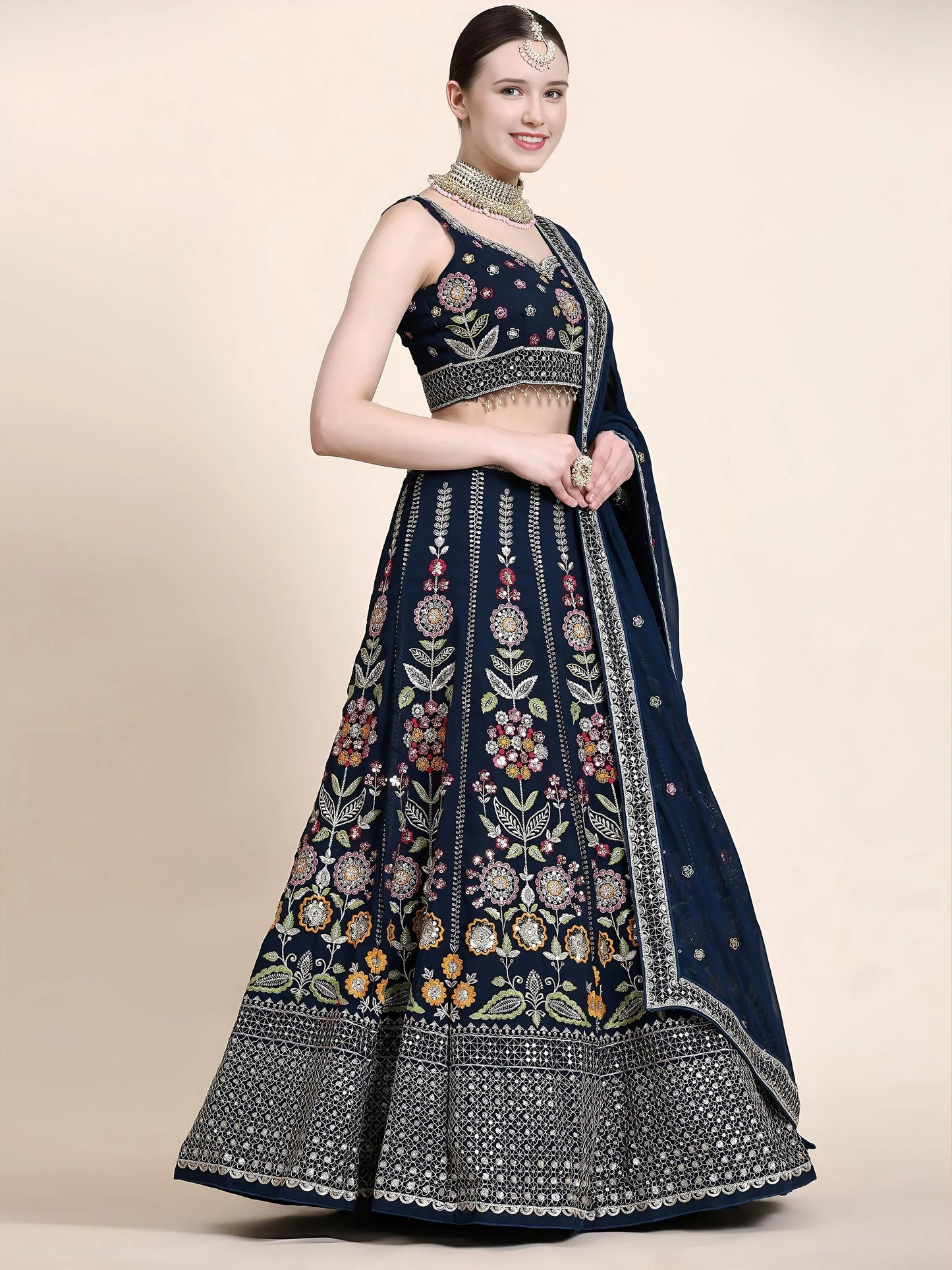 Navy Blue Floral Embroidery Georgette Reception Wear Lehenga Choli
