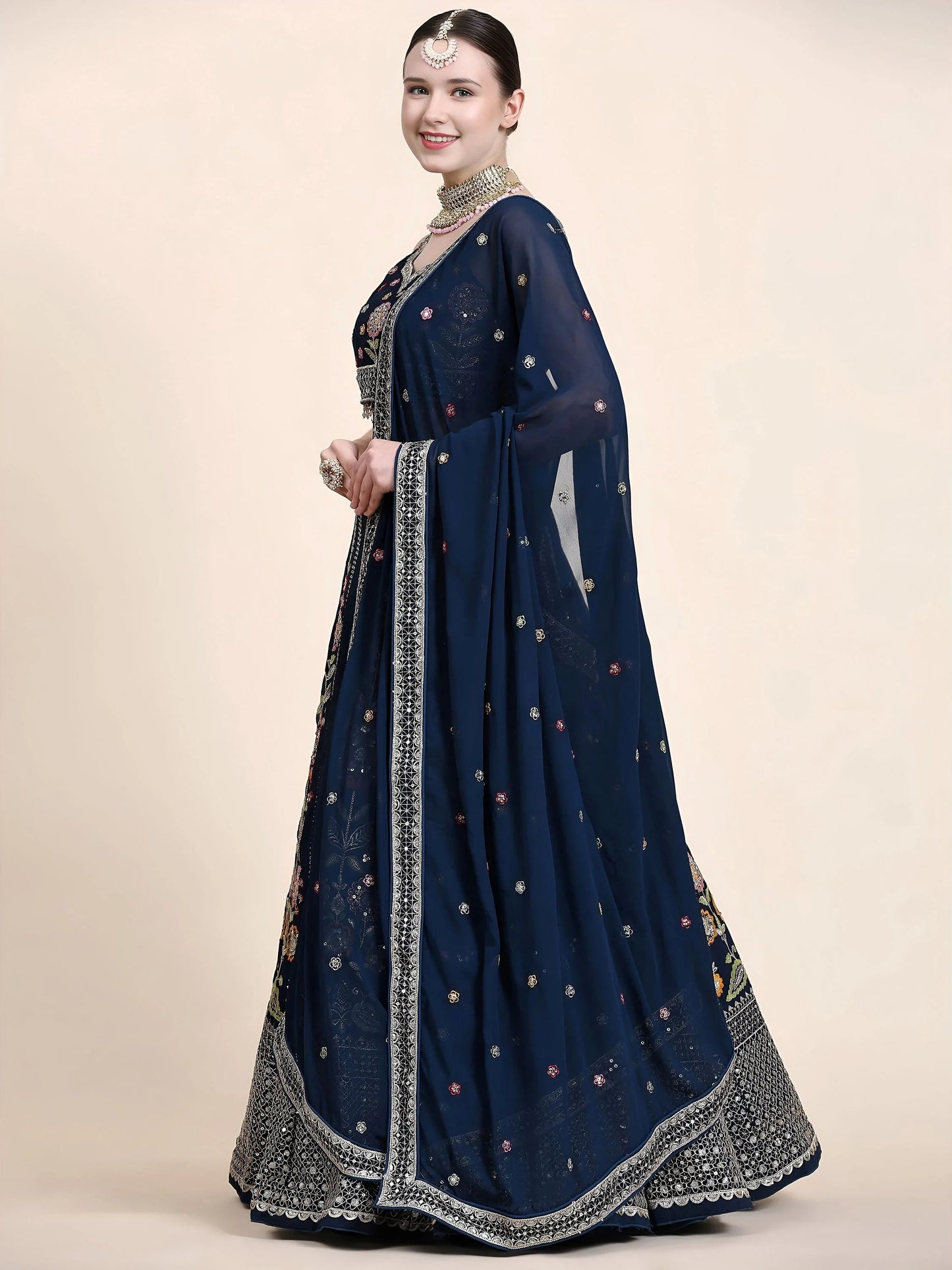 Navy Blue Floral Embroidery Georgette Reception Wear Lehenga Choli