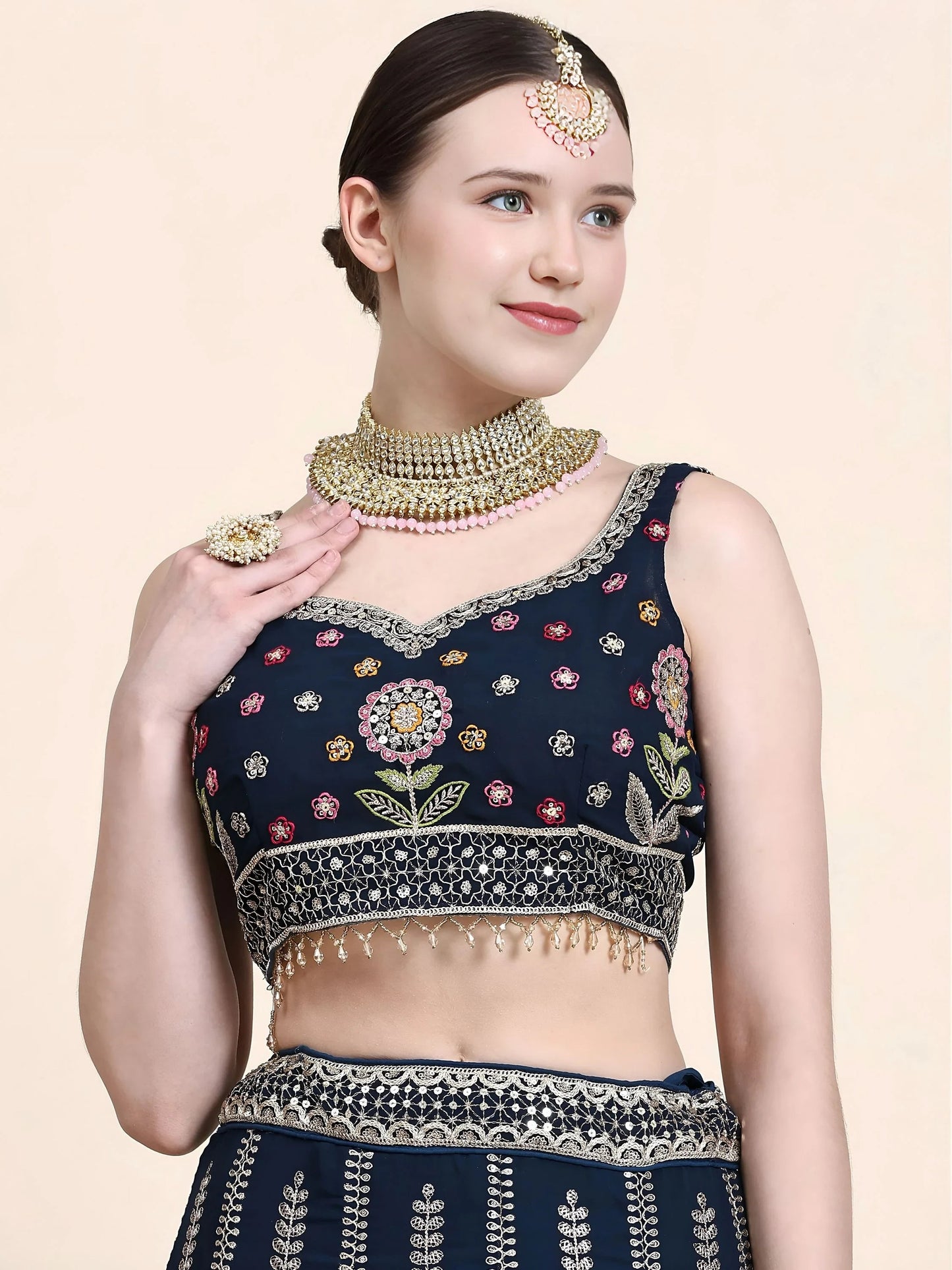 Navy Blue Floral Embroidery Georgette Reception Wear Lehenga Choli