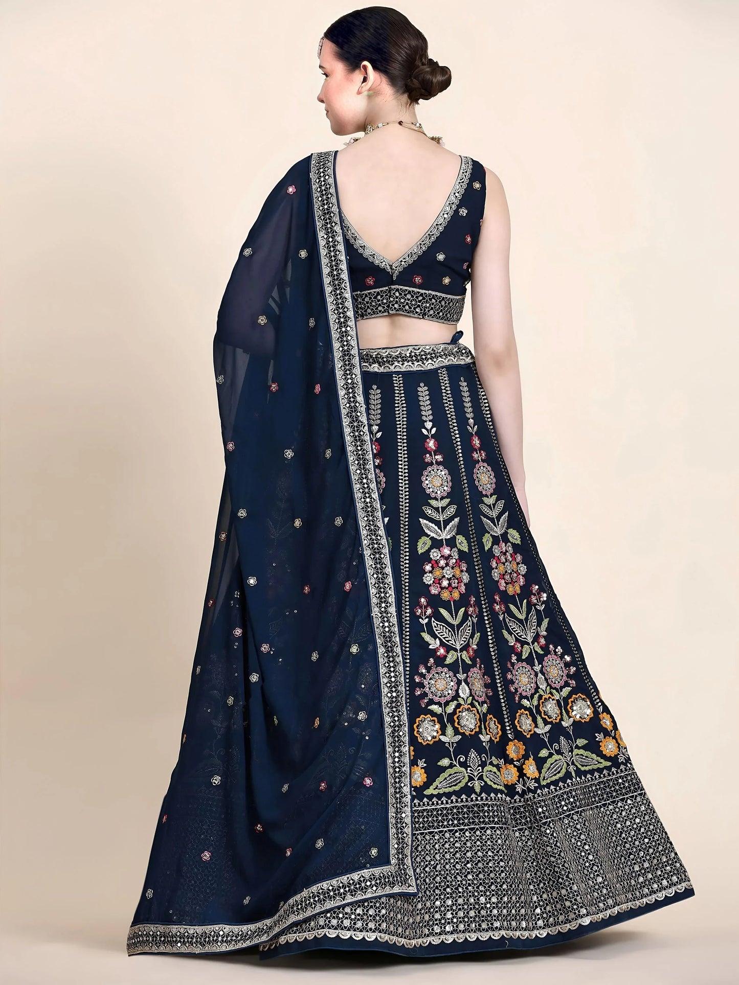 Navy Blue Floral Embroidery Georgette Reception Wear Lehenga Choli