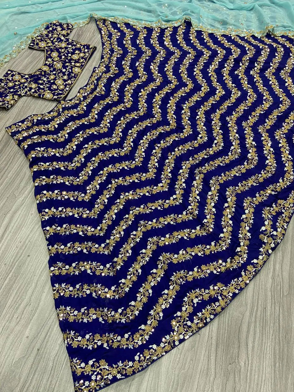 Navy Blue Chinnon Silk Lehenga With Coding Sequins And Embroidery Work