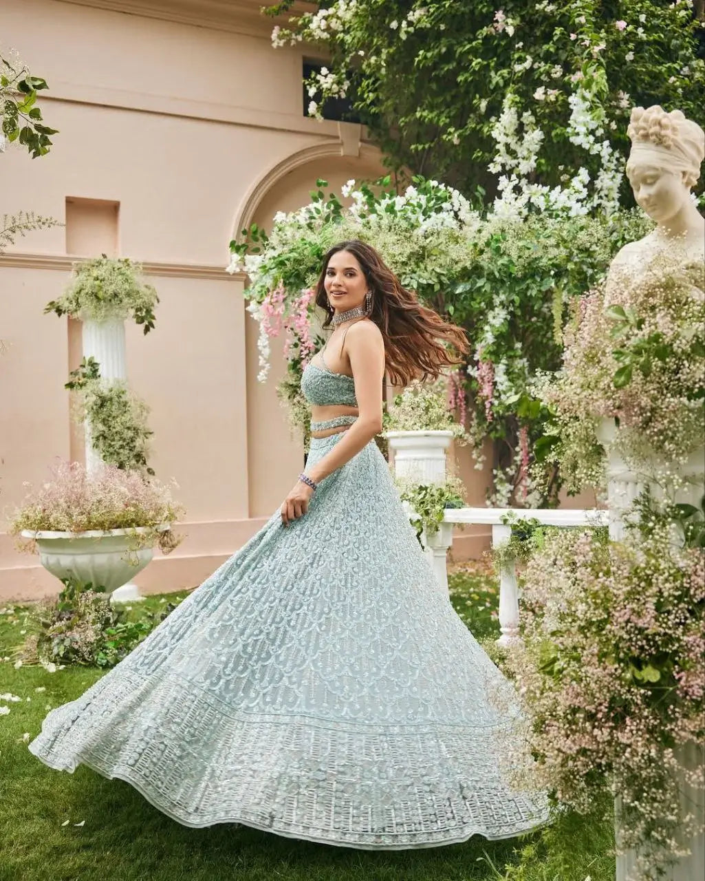 Greyish Teal Blue Net Lehenga With Heavy Embroidery Sequins Work Coding Work