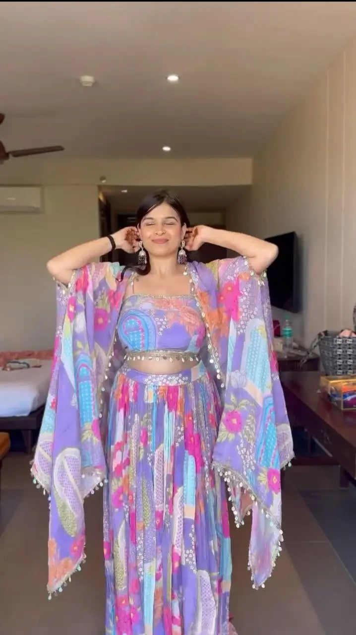Lavender Chinon Silk  Lehenga With Floral Print With Koti Style Dupatta With Lace