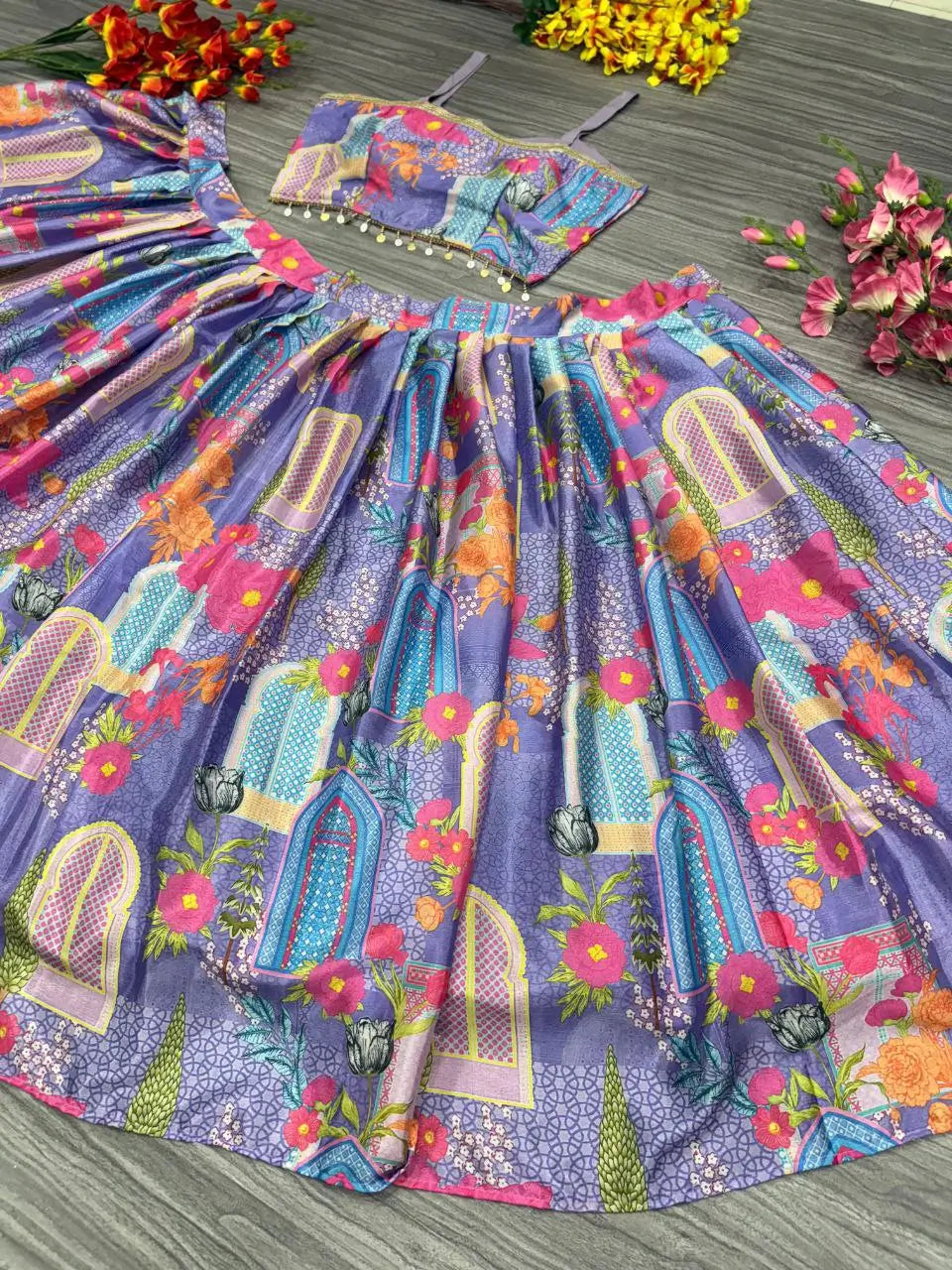 Lavender Chinon Silk  Lehenga With Floral Print With Koti Style Dupatta With Lace