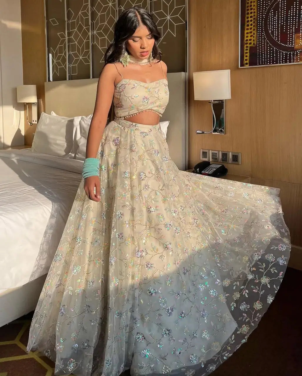 Silver Sand Silk Lehenga With Thread Embroidery With Rainbow Sequins Work