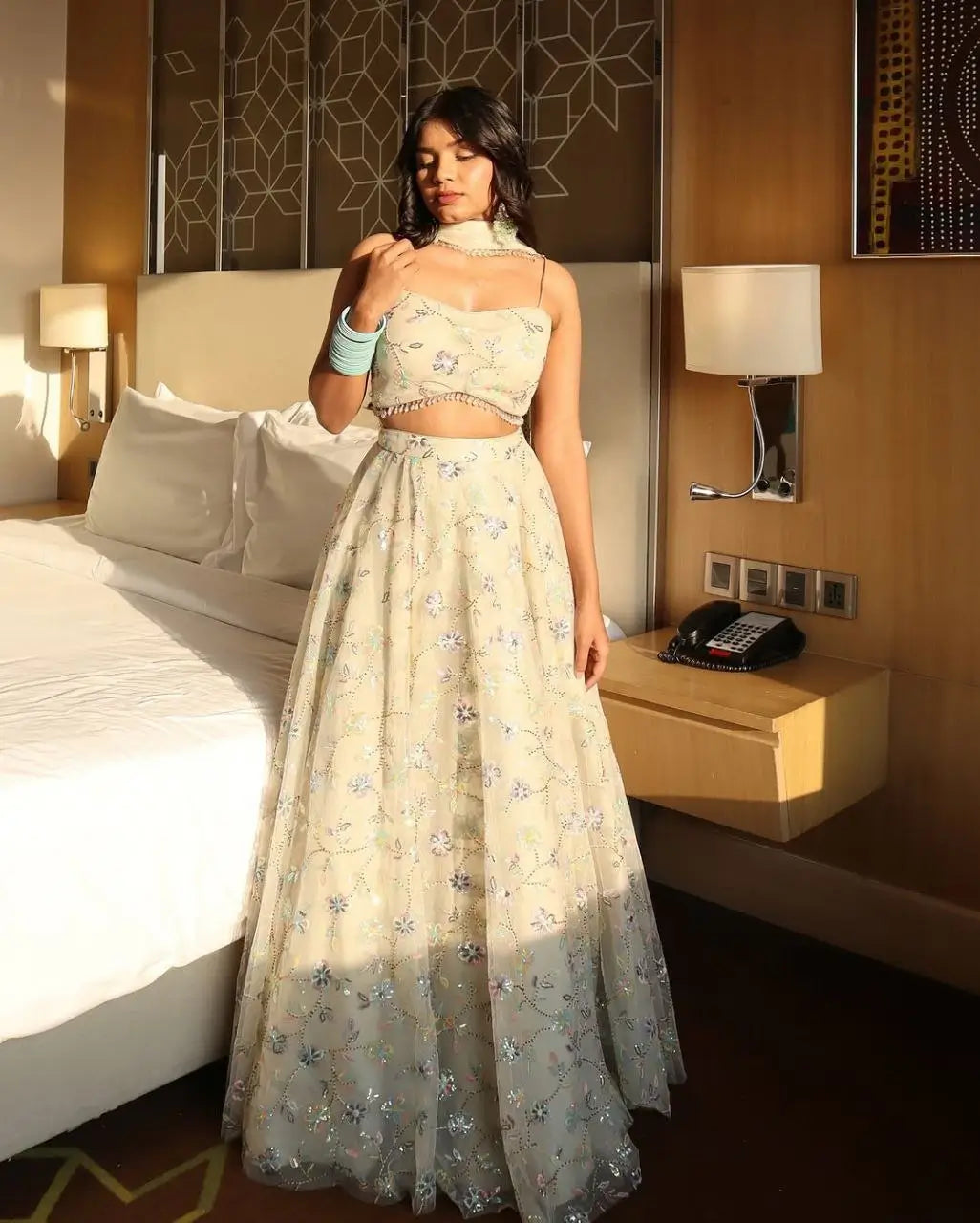 Silver Sand Silk Lehenga With Thread Embroidery With Rainbow Sequins Work