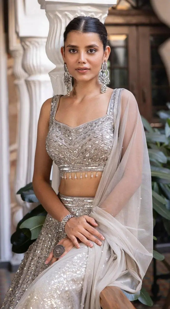 Silver Silk Lehenga With Beautiful Embroidery Zari And Heavy Sequins Work