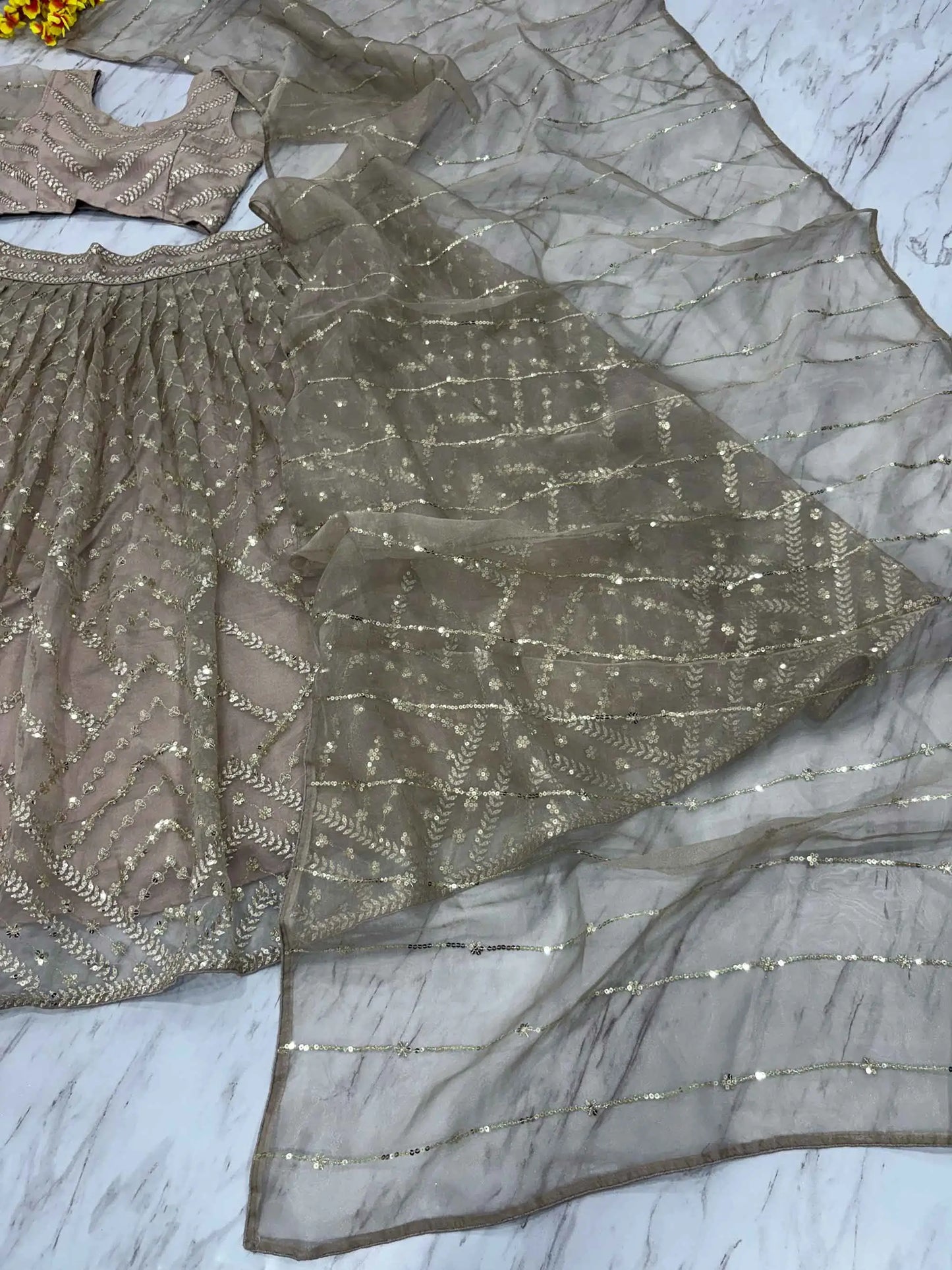 Beige Organza Lehenga With Zari Thread Heavy Sequins Embroidery Work