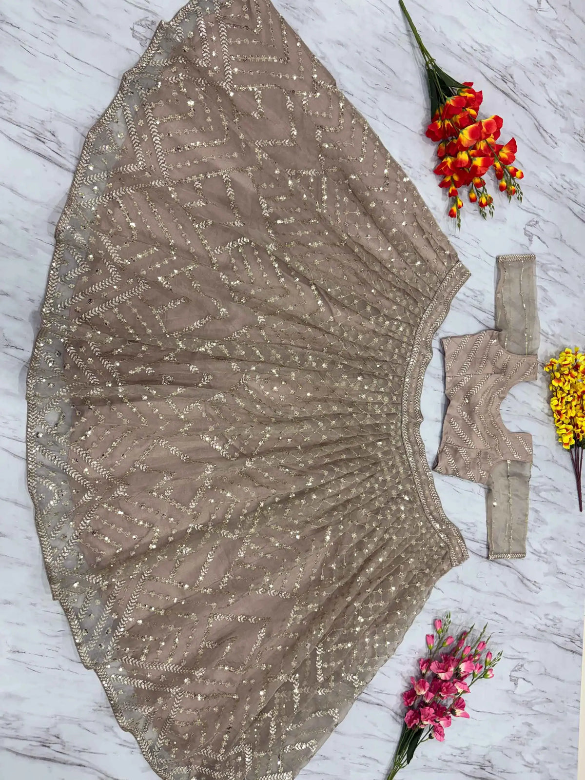 Beige Organza Lehenga With Zari Thread Heavy Sequins Embroidery Work