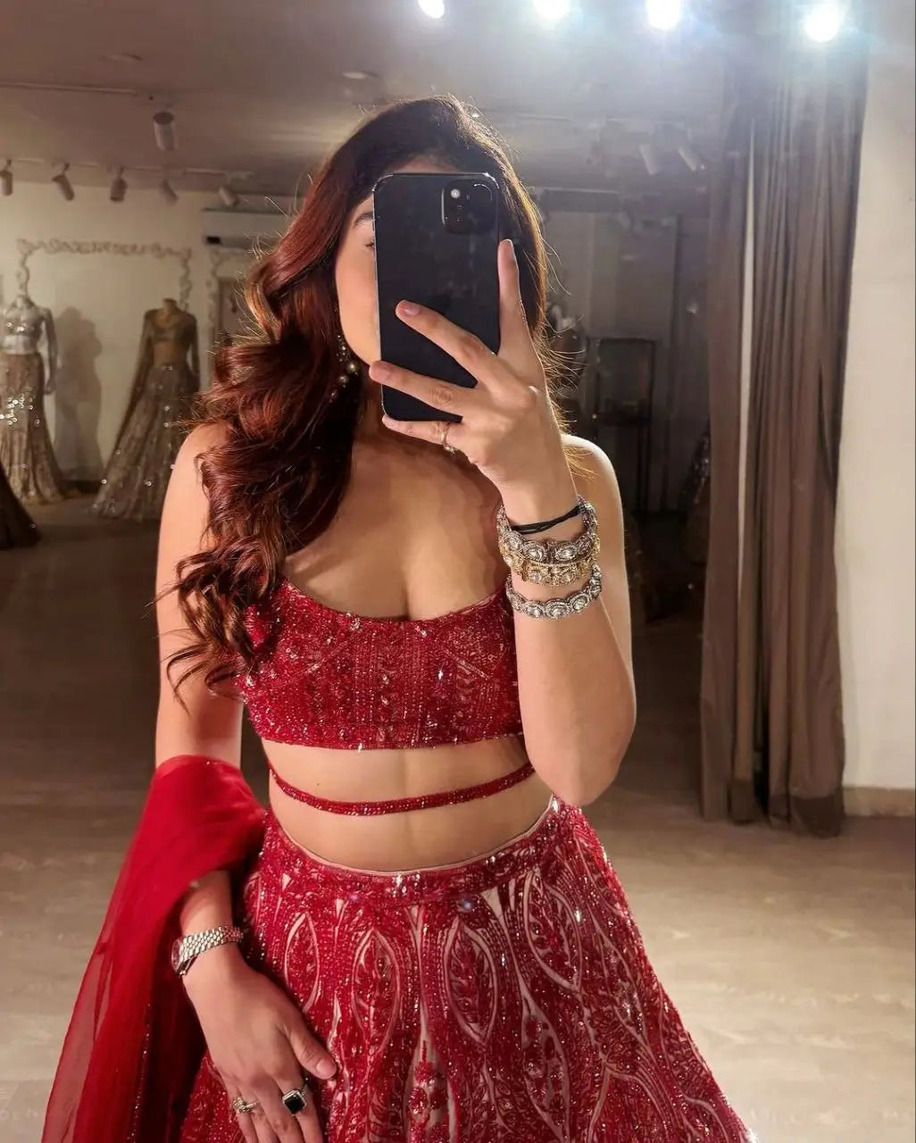 Red Sequins Coding Embroidery Work Soft Net Party Wear Lehenga